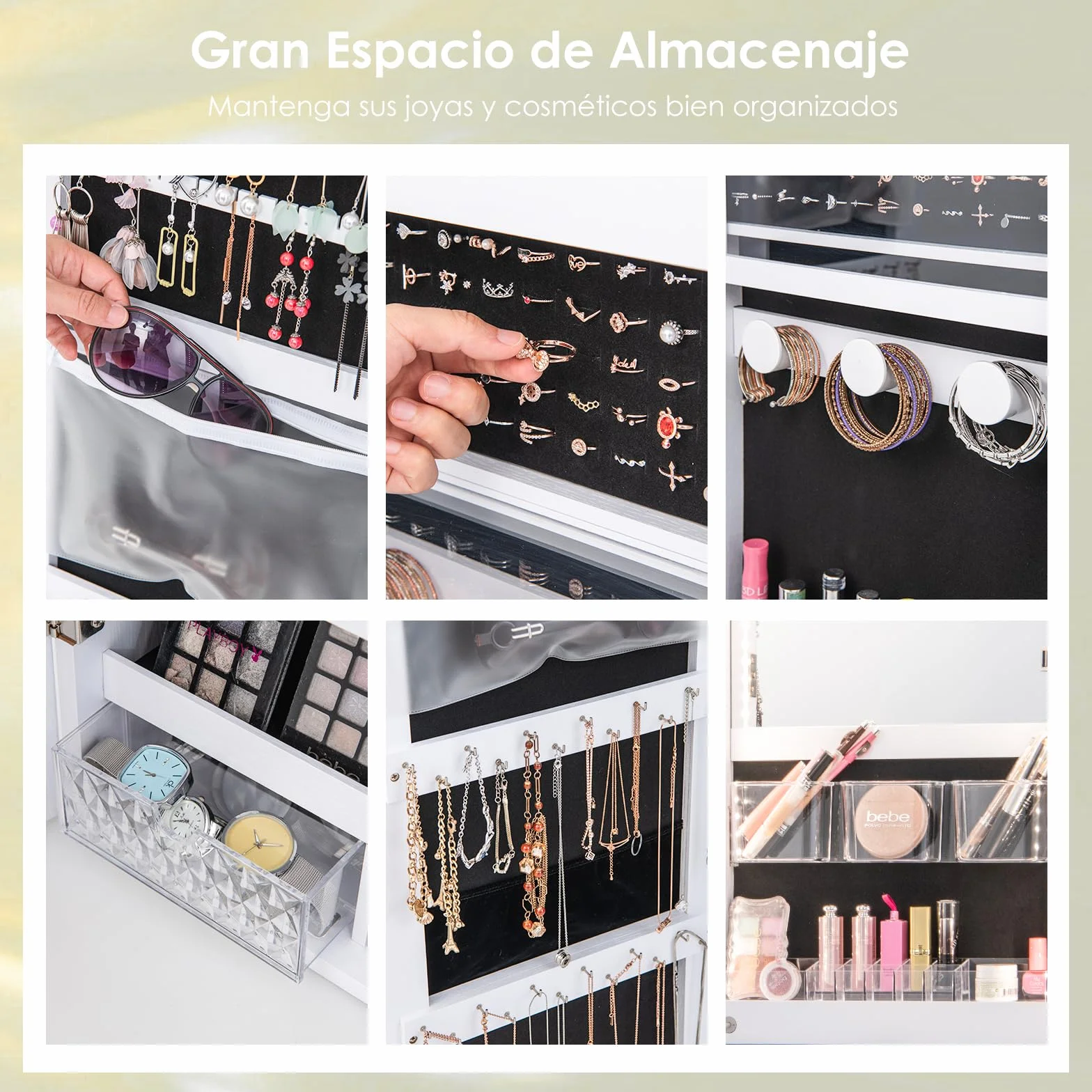 COSTWAY Armario Joyero con Espejo de Puerta para Joyas con Cerradura y Luces de 3 Colores - Espejo Interior con Estante Plegable y Cajas de Almacenamiento de Plástico (Blanco)