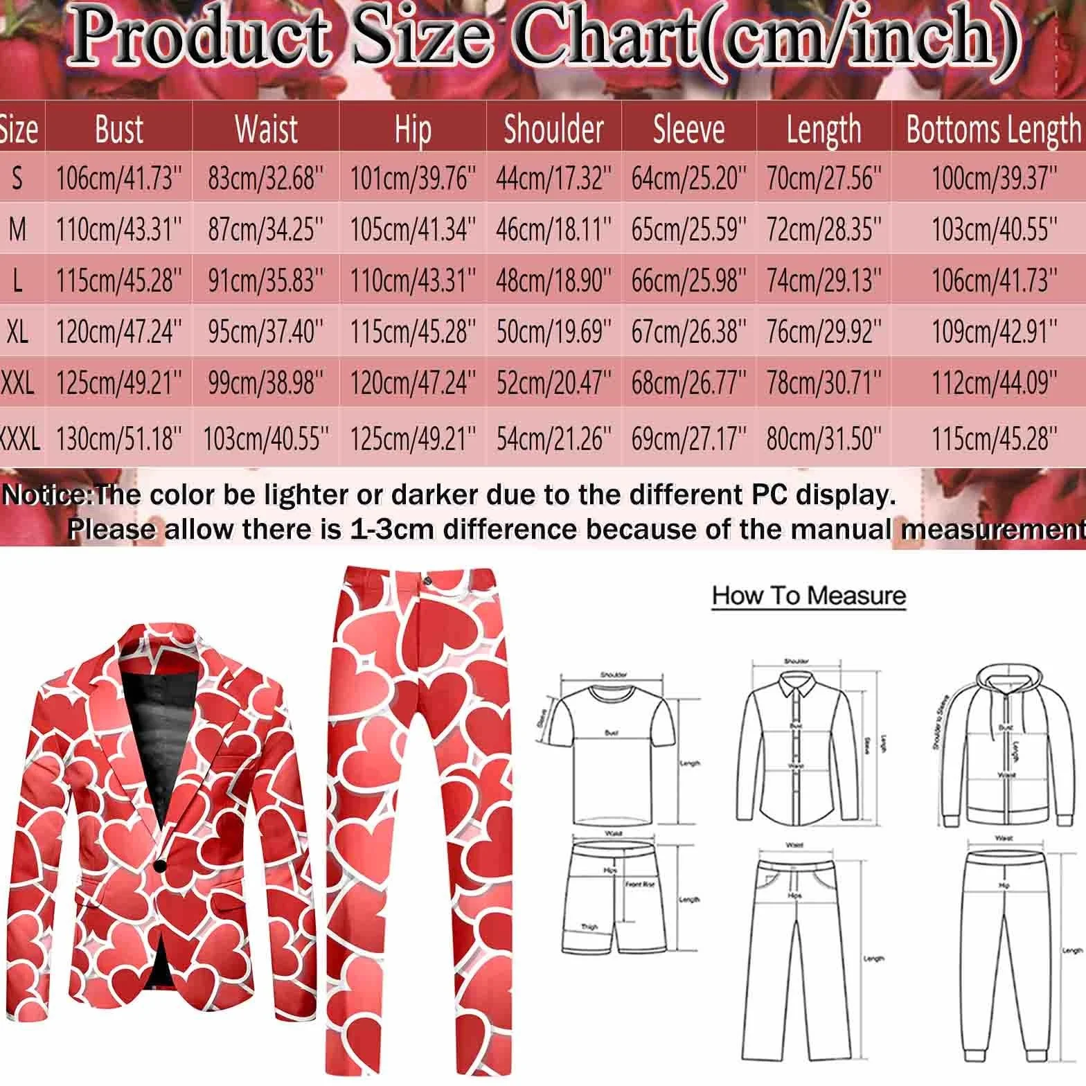 2026 Traje de San Valentín para hombre de manga larga, abrigo y pantalón, traje de dos piezas, botón estampado y múltiples bolsillos, traje para eventos de fiesta navideños