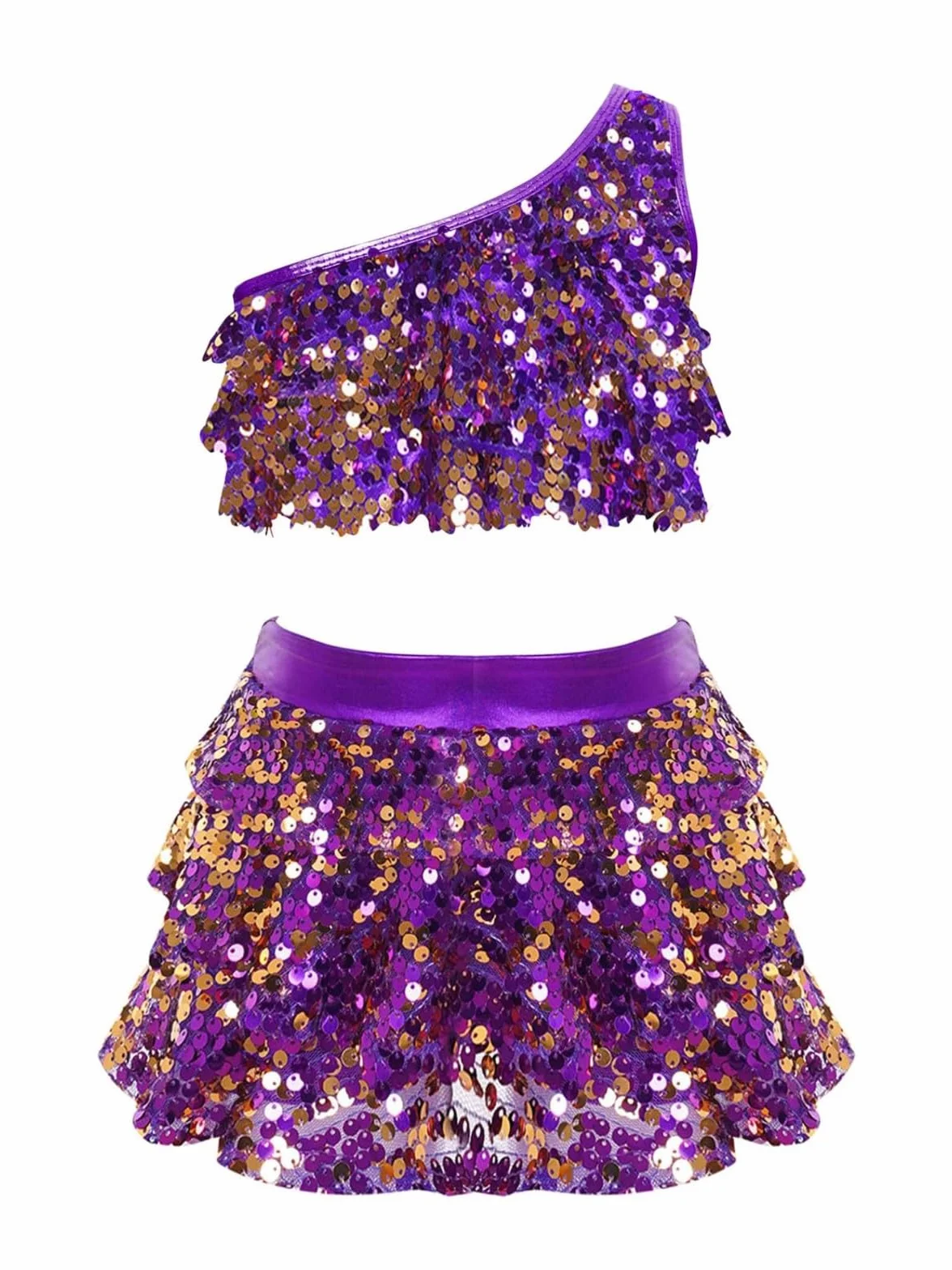 Traje de baile para niña, dos piezas, con lentejuelas, elástico, ajuste cómodo, falda superior para fiestas de baile