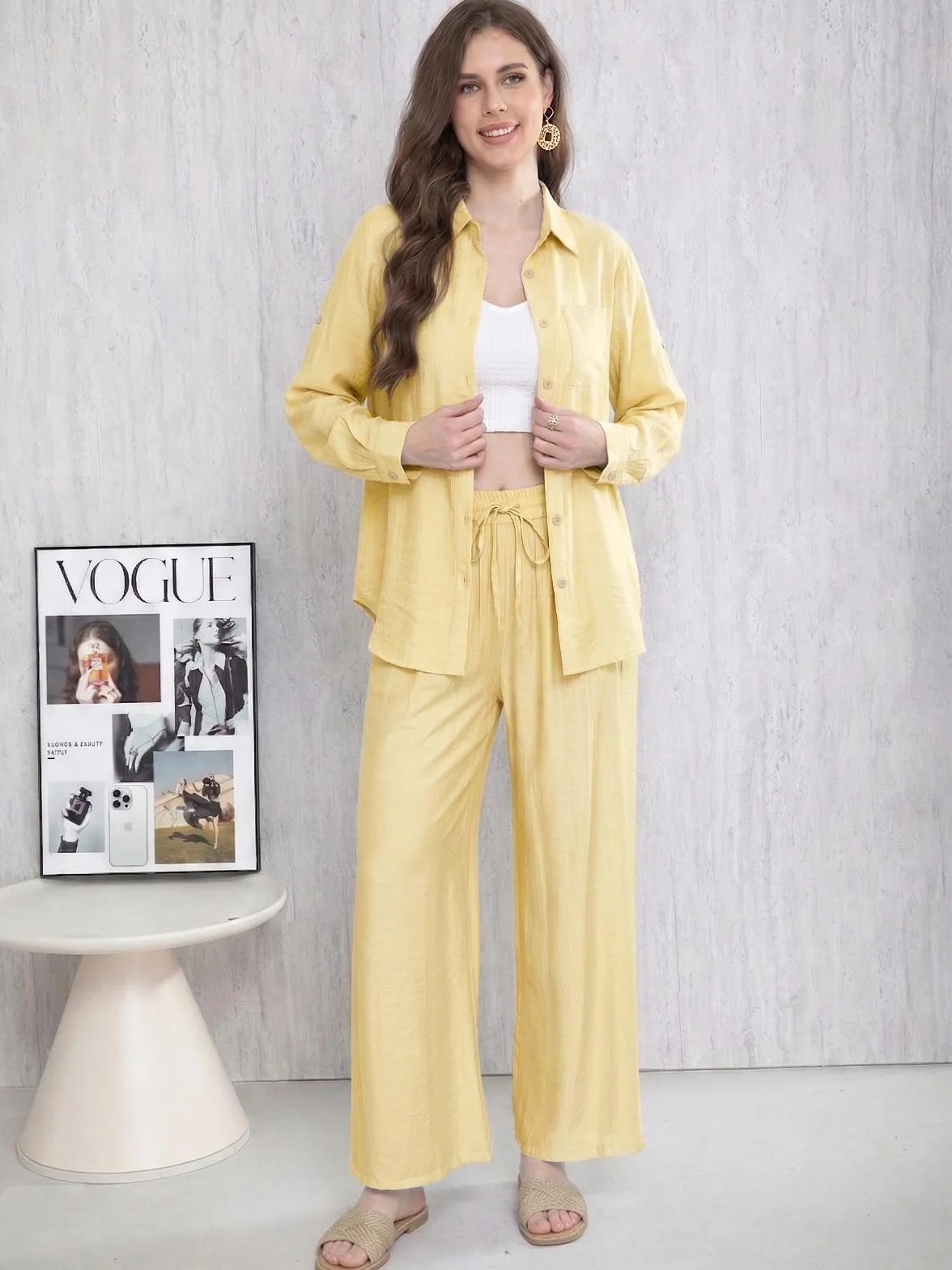 Adigaber Chándal de Manga Larga para Mujer Camisa con Botones y Holgado Cintura Alta Pierna Ancha Cordón Pantalones con Bolsillos