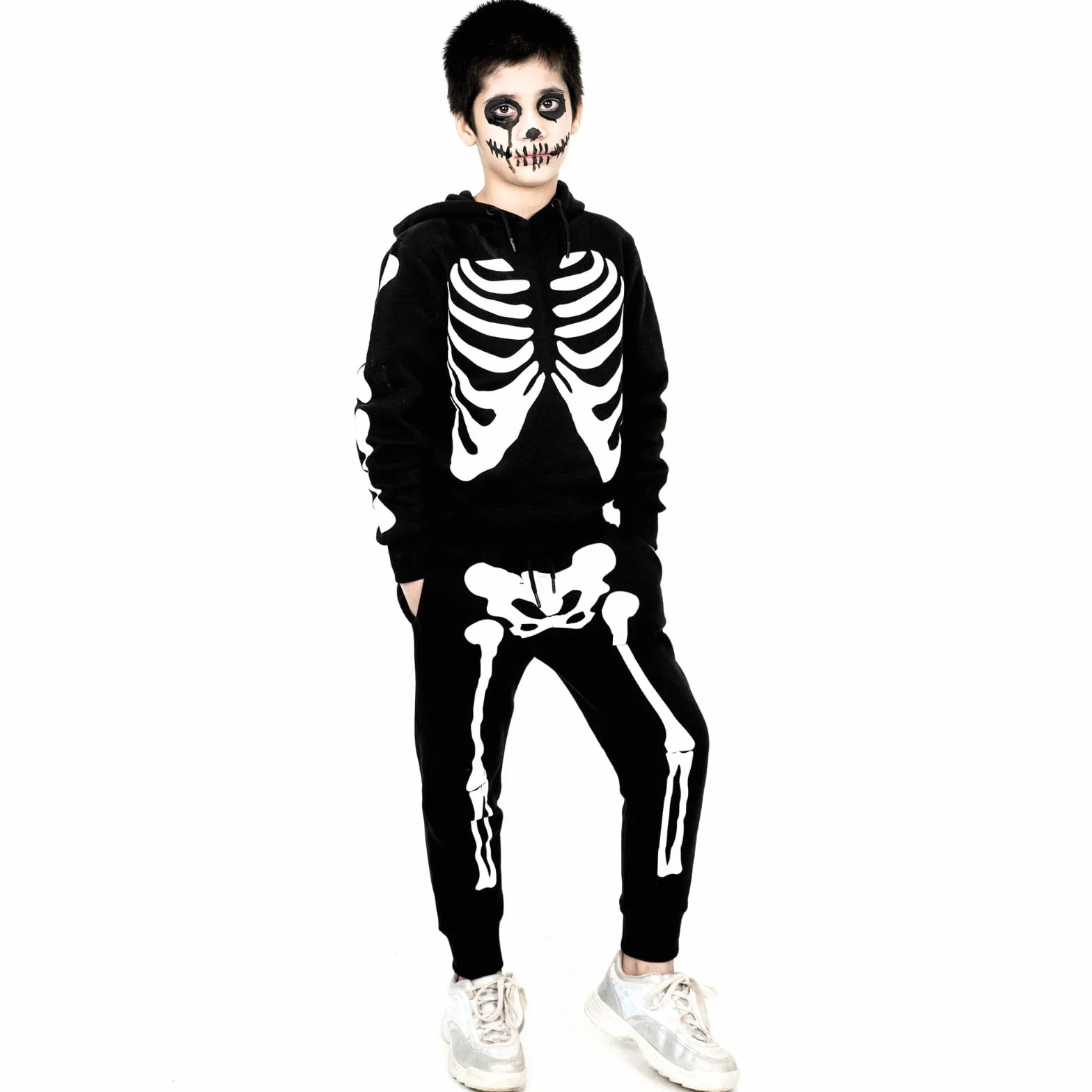 NOROZE Conjunto de chándal unisex de esqueleto de Halloween para niñas, 2 piezas, sudadera con capucha y pantalones deportivos, tallas del Reino Unido de 5 a 13 años