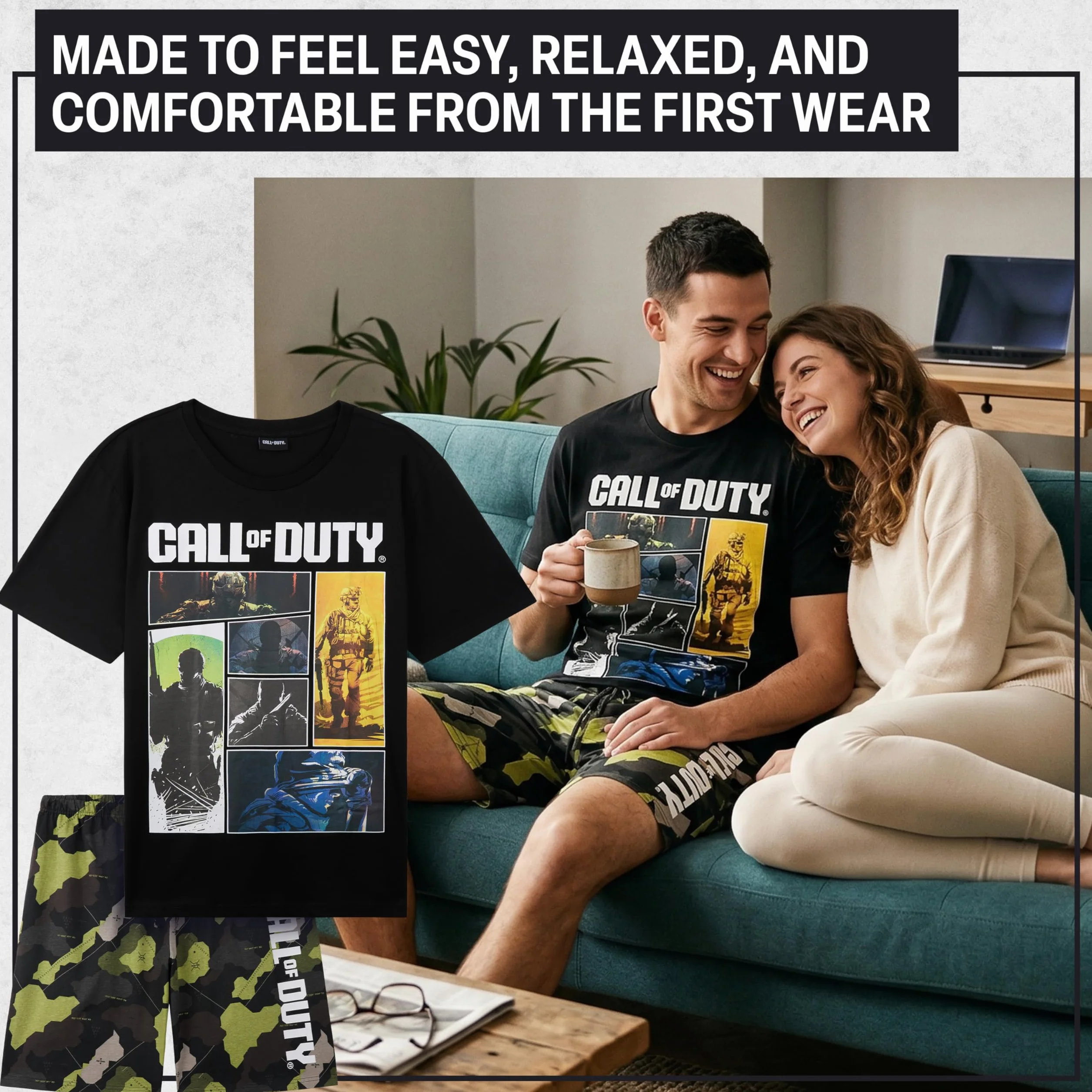 Get Trend Call of Duty Pijama Hombre S-3XL, Conjunto Verano Hombre 2 Piezas, Camiseta Manga Corta y Pantalón Corto Algodón, Ropa de Dormir, Regalo Gamer