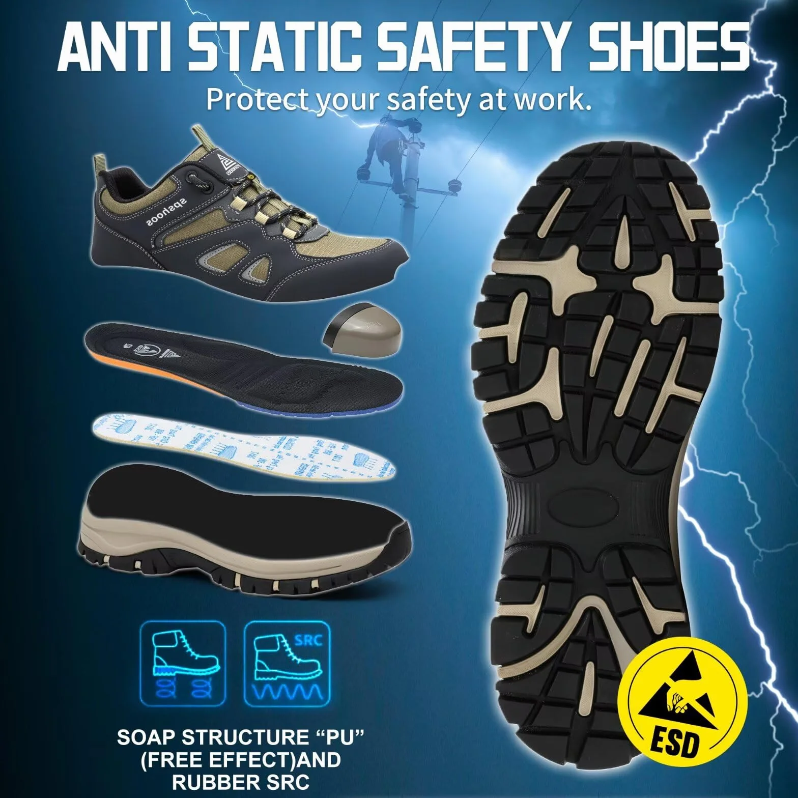 Zapatos de Seguridad para Hombre Mujer S1P ESD Zapatillas Trabajo Comodos Calzado de Seguridad Ligero con Punta de Acero