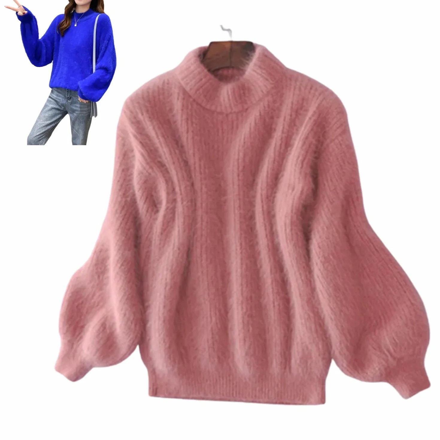 Suéter cálido y suelto de mezcla de cachemira Angora para mujer, suéter de punto de cuello redondo de color sólido