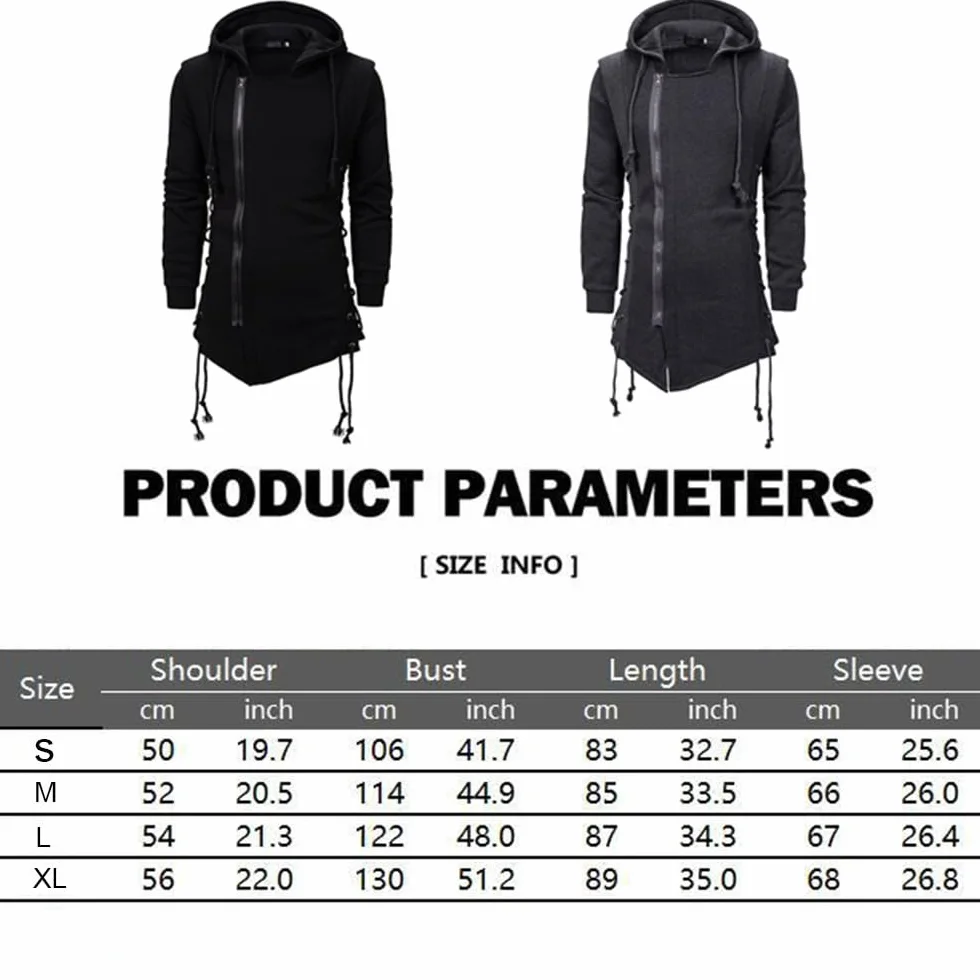 JMSUN Assassin - Sudadera con capucha para hombre, estilo gótico, asimétrico, cremallera lateral, con cordones laterales, forro polar