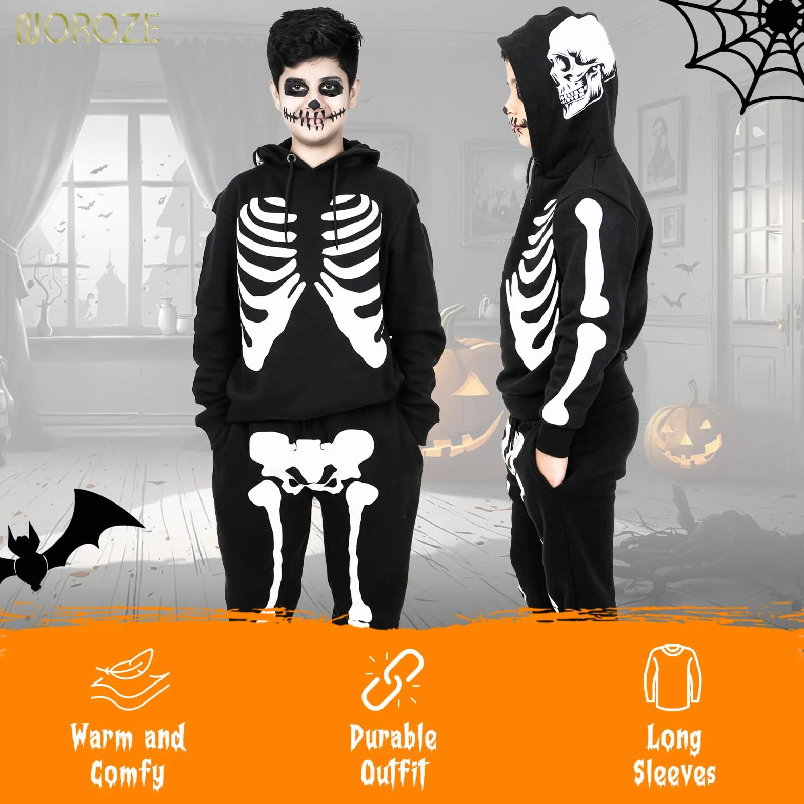 NOROZE Conjunto de chándal unisex de esqueleto de Halloween para niñas, 2 piezas, sudadera con capucha y pantalones deportivos, tallas del Reino Unido de 5 a 13 años