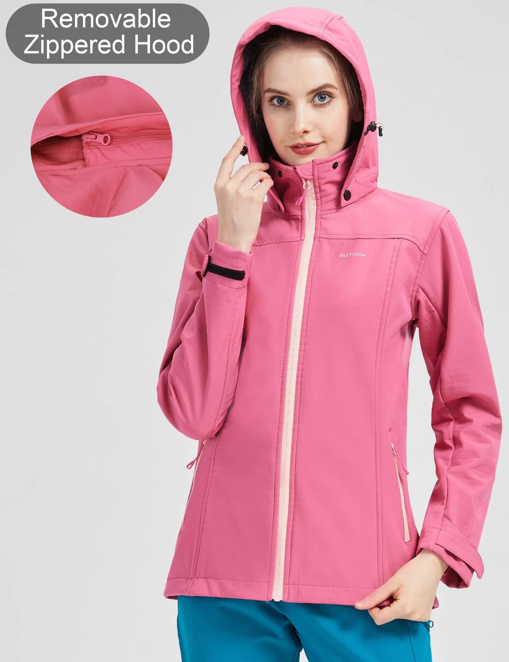 KUTOOK Chaqueta Softshell Impermeable para Mujer Invierno Transpirable ligera desmontable Running Senderismo Esquí Ciclismo HC402
