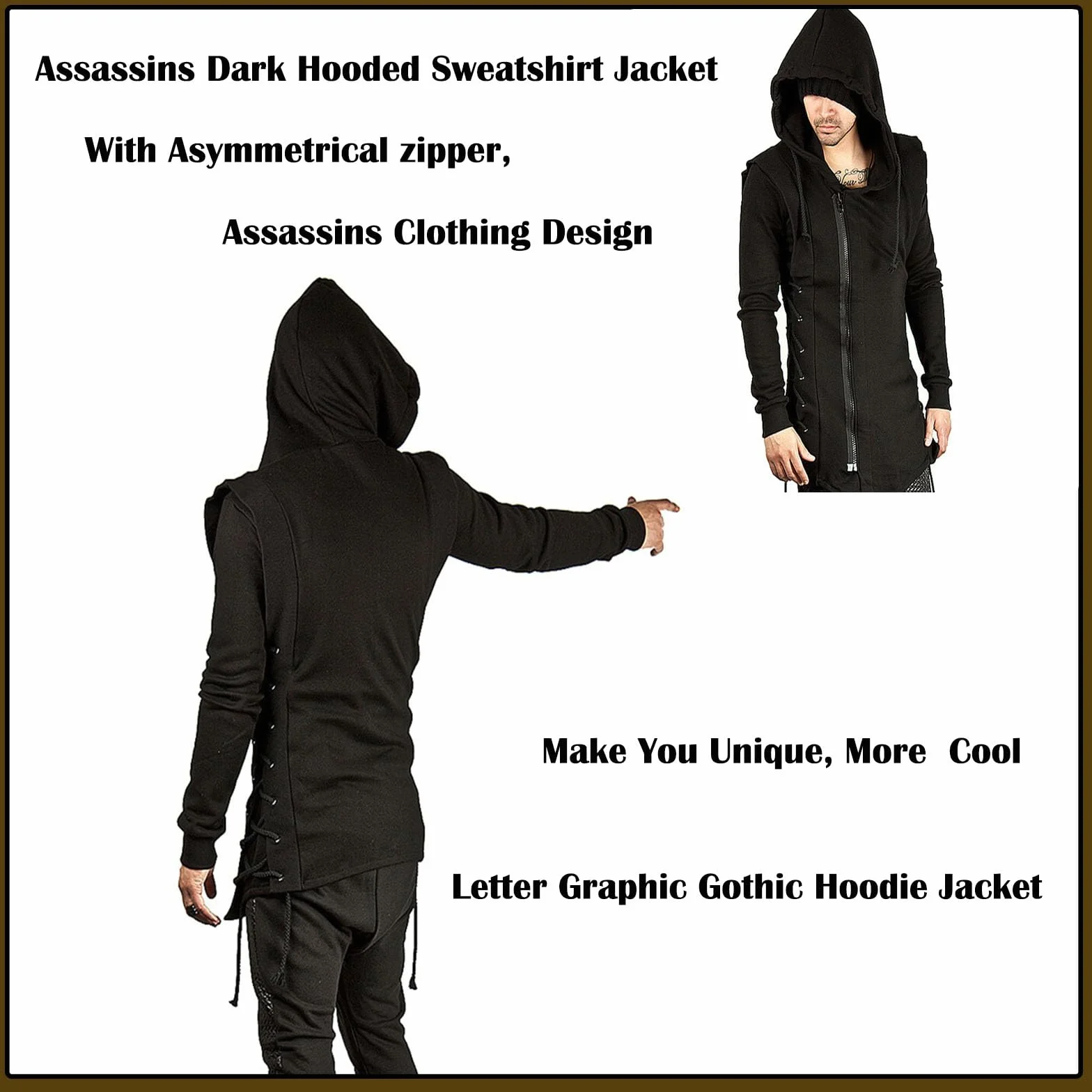 JMSUN Assassin - Sudadera con capucha para hombre, estilo gótico, asimétrico, cremallera lateral, con cordones laterales, forro polar