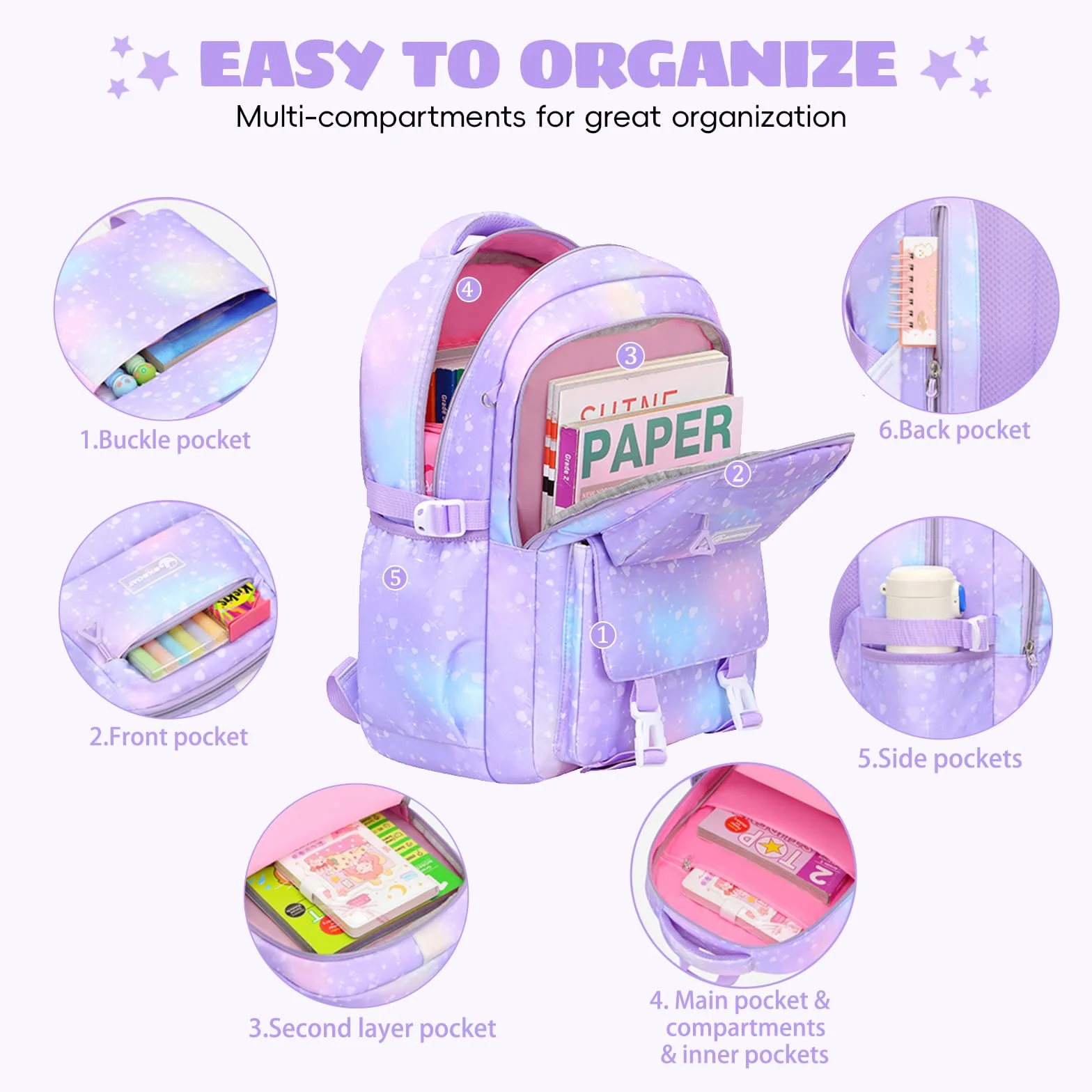 Amythe Mochila Escolar Niña Primaria 3 Piezas, Mochila para Niñas y Bolsa de Almuerzo 7 a 12 Años, Mochilas Escolares Chica Impermeable e Ligera, Morado