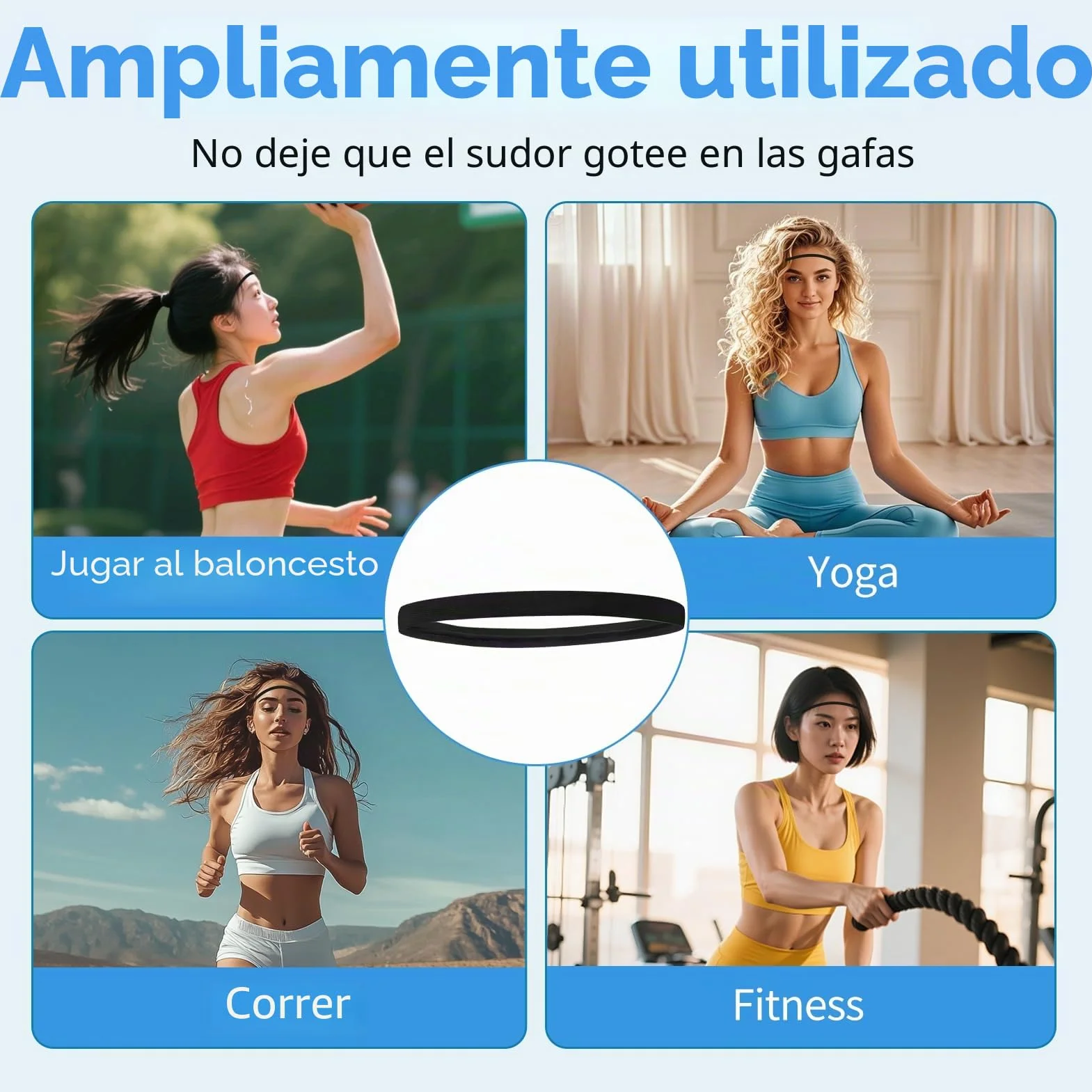 8 PCS Cinta Diadema Deportiva Antideslizante para Hombres y Mujeres, Cinta Pelo Hombre, Cintas Pelo Deportivas Hombre, Sports Headband, Elástica y Ajustable, para Fútbol, Running, Gimnasio (Negro)