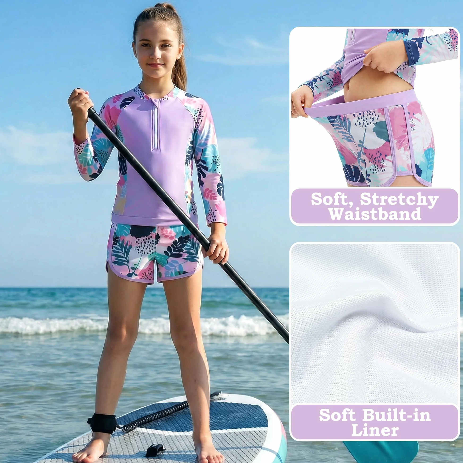 Traje de Baño Niña 2 Piezas Manga Larga Protección Solar, Estampado Top con Cremallera y Shorts Secado Rápido, Bañador Suaves Rash Guard Playa Piscina Ropa para 5-13 Años
