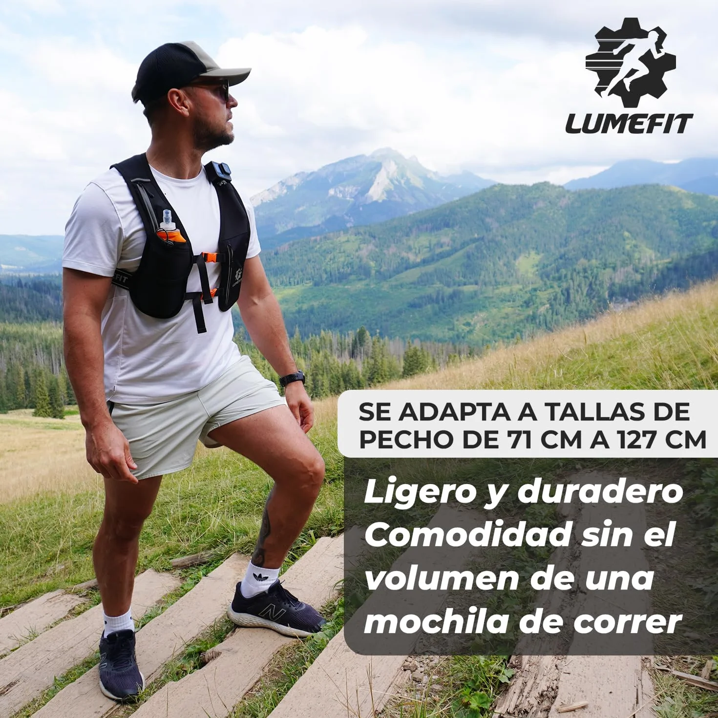 LUMEFIT Chaleco Running Mochila Hidratacion Trail Running con Soporte para Teléfono - 6 Bolsillos y Botella 500ml, Reflectante - Ideal para Senderismo, Maratón, Escalada - para Hombres y Mujeres