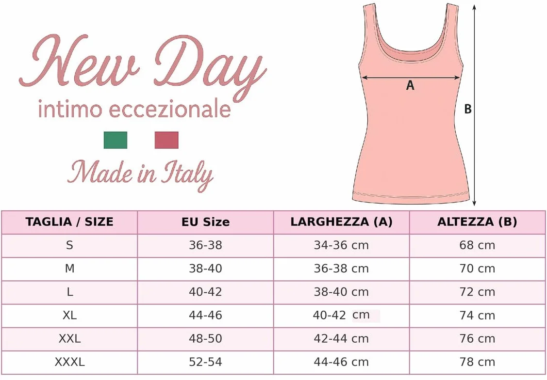New Day intimo eccezionale Made in Italy – Pack de 3 Camisetas Interiores Tipo Canotta para Mujer de Tirante Ancho con Encaje de macramé o Ribete Satinado en 100% algodón