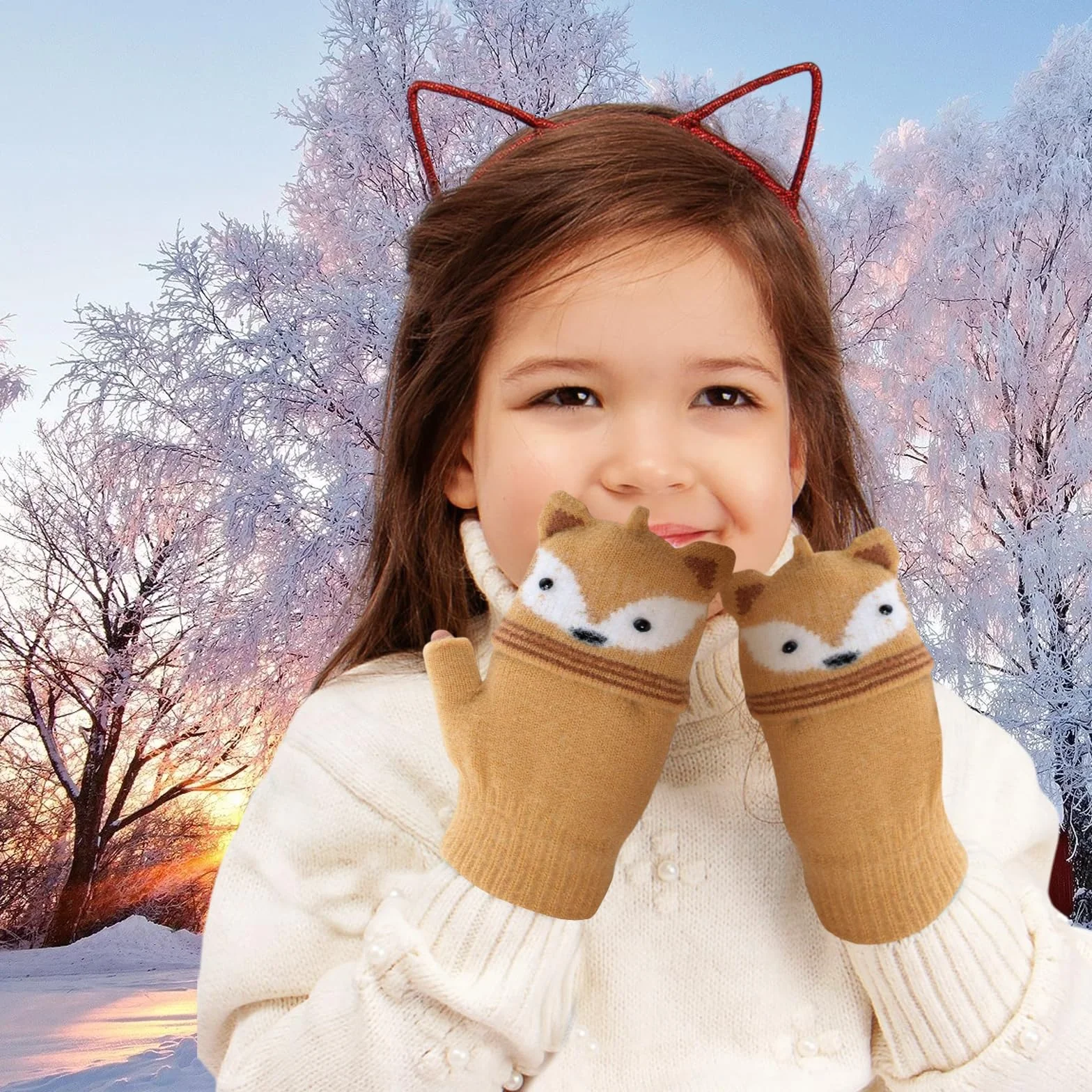 2 Pares Guantes para Niños sin Dedos, Guantes de Invierno para Niños, Cute Guantes Cálidos Convertibles con Tapa Abatible Suaves para Niñas y Niños de 3 a 9 Años