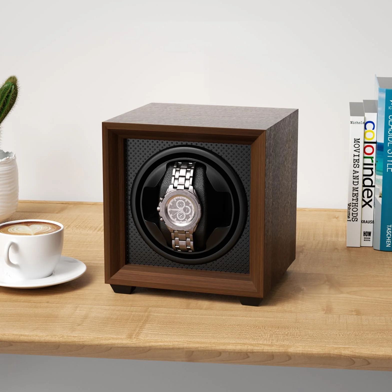 Fousenuk caja relojes automaticos con motor silencioso, 2 ajuste modos, cuadrada y color nuez enrollador para reloj, con puerto de carga USB y espuma viscoelástica, para dar cuerda a relojes mecánicos