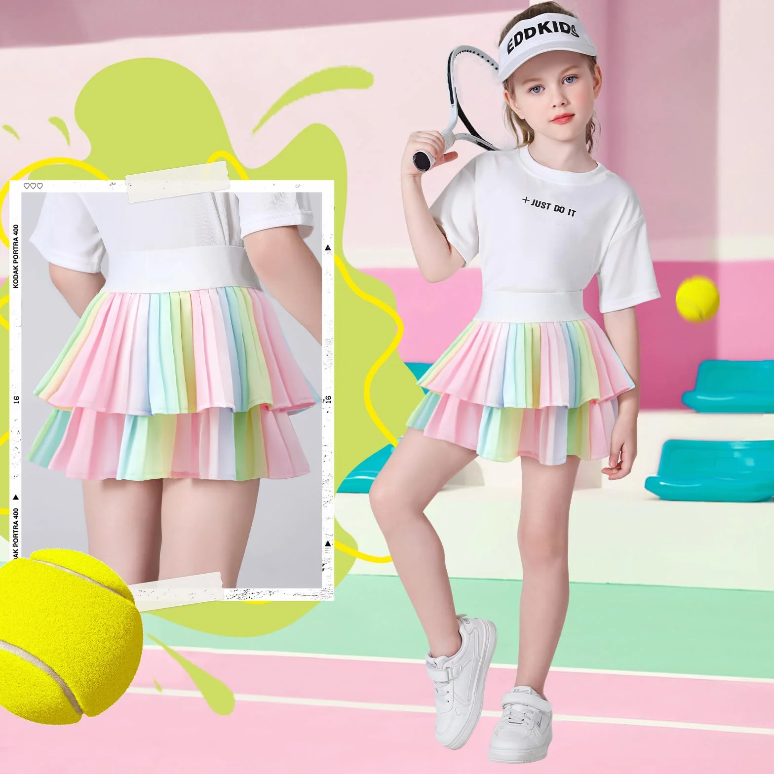 Falda de tenis para niñas con pantalones cortos, falda atlética plisada con bolsillos, cintura alta, falda de animadora para niños, Arco iris, 5-7 Años