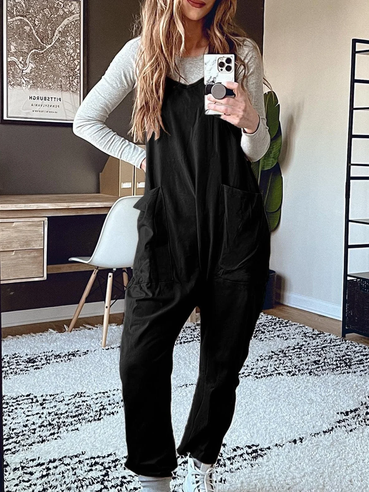 Cegerne Pantalones de trabajo para mujer Mono holgado Peto sin mangas con grandes bolsillos, Negro, XL