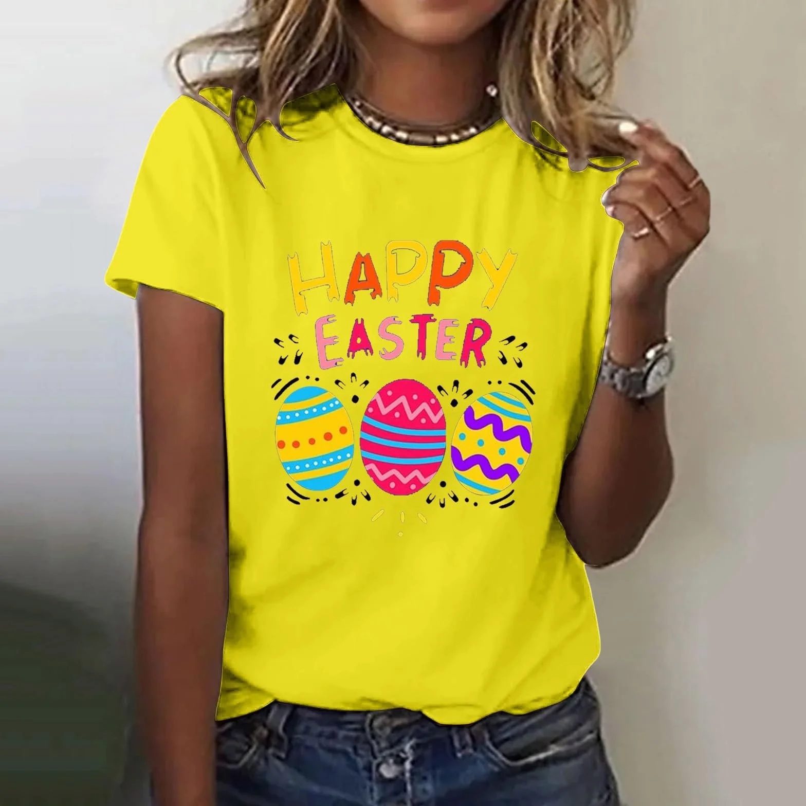 AMDOLE Disfraz de Pascua para adultos, con estampado de huevos de Pascua, cuello redondo, manga corta, camiseta de Pascua para mujer