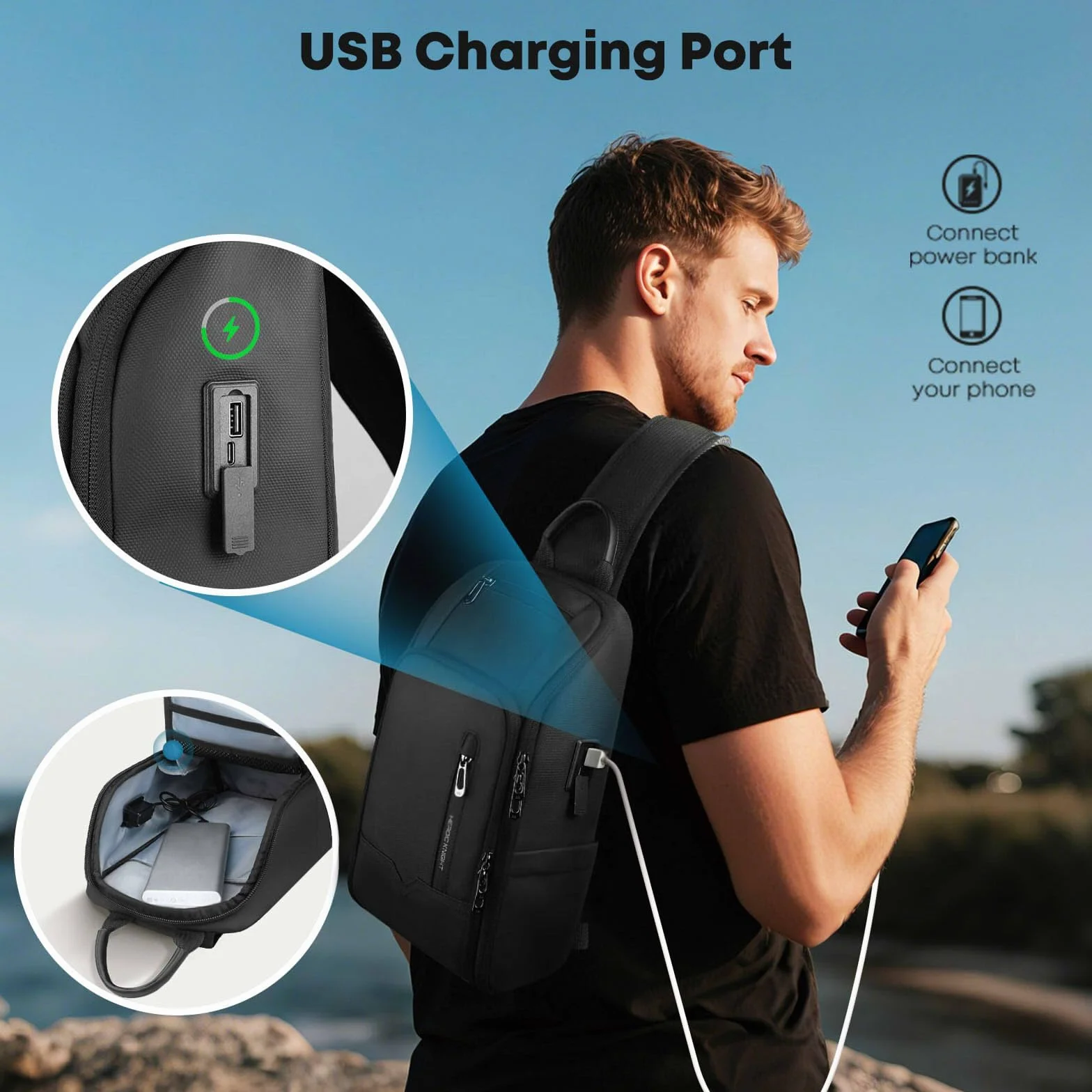 Bolso Bandolera Hombre con Puerto USB, Antirrobo e Impermeable, Bolsa de Pecho Mochila de Hombro Cruzada con Múltiples Bolsillos para Viaje Trabajo y Uso Diario – Negro
