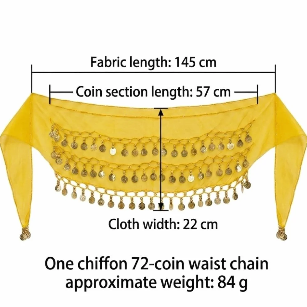 1 Pieza Cinturón Danza del Vientre Amarillo 72 Monedas de Oro Pañuelo de Cadera Gasa Traje de Danza Oriental Falda