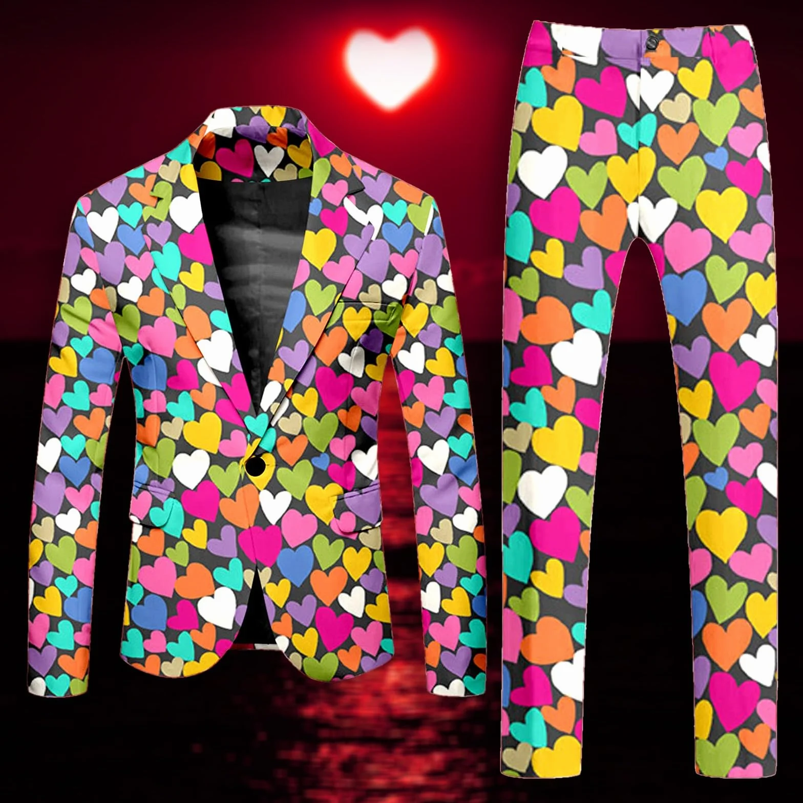 2026 Traje de San Valentín para hombre de manga larga, abrigo y pantalón, traje de dos piezas, botón estampado y múltiples bolsillos, traje para eventos de fiesta navideños
