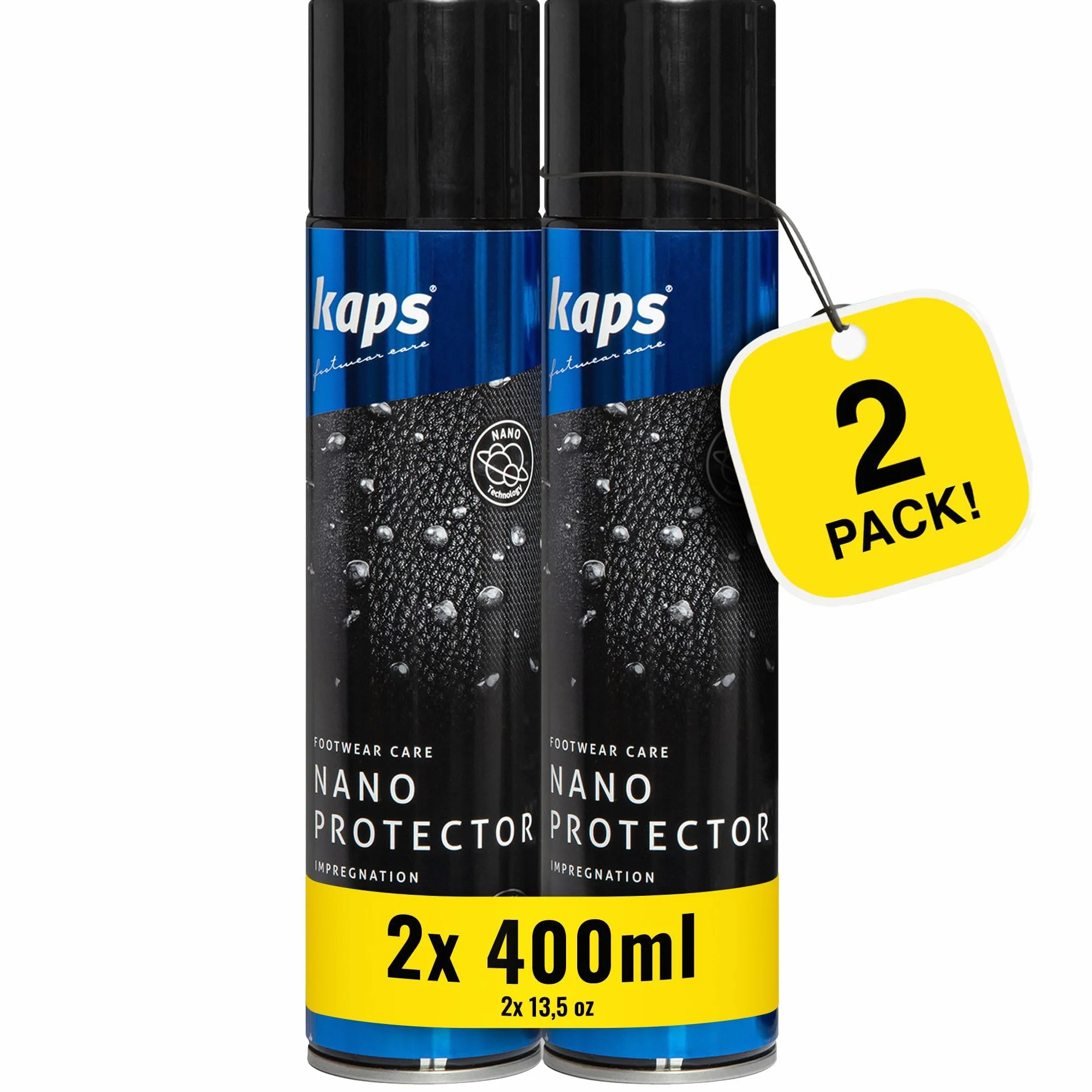 Kaps Nano Protector, Set de 2x 400ml, Spray Protector de Calzado Resistente al Agua para Cuero, Nobuck, Ante, Textiles y Materiales TEX, Repele la Humedad y la Suciedad