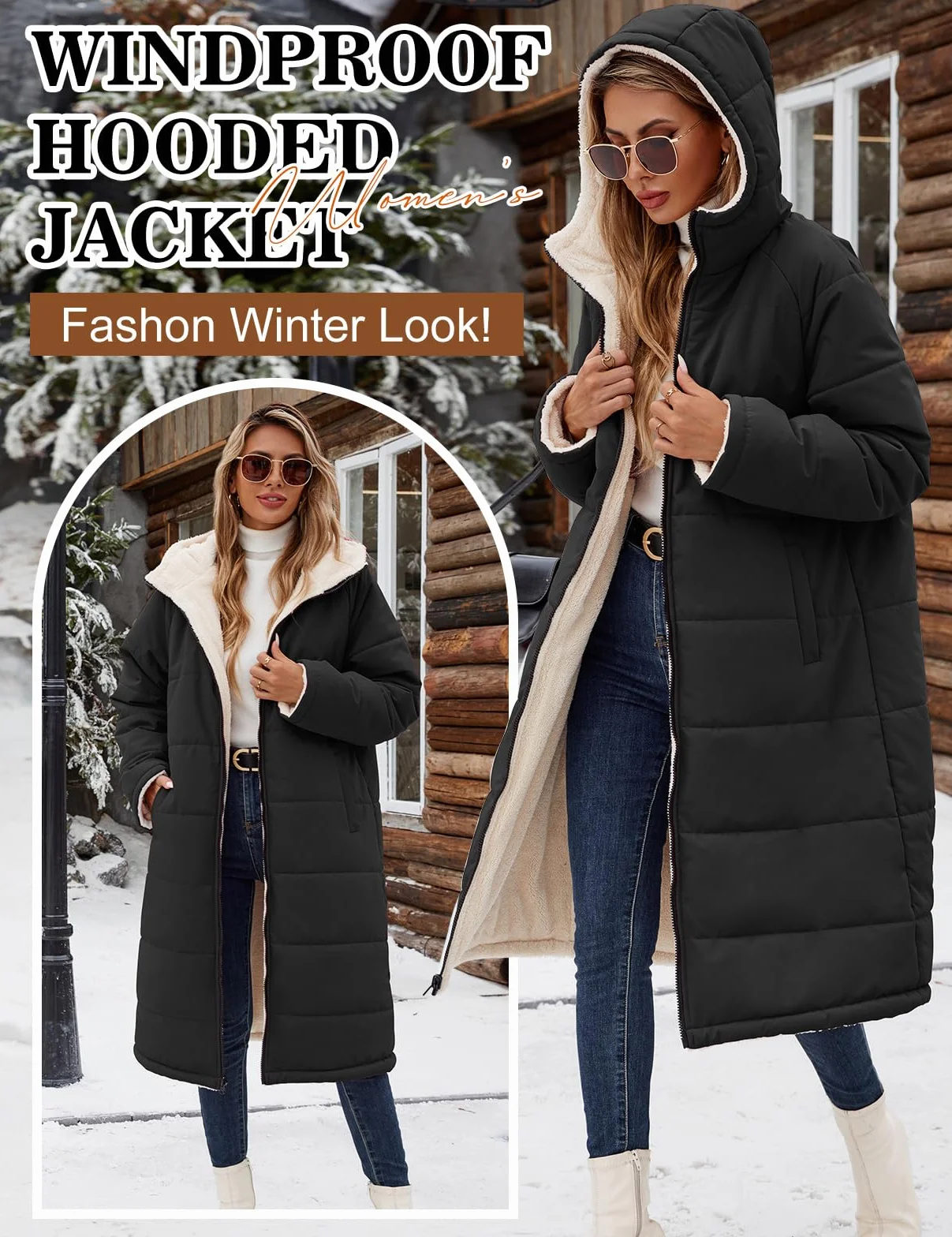 Tuopuda Chaqueta con Capucha Gruesa de Abrigo Largo de Invierno para Mujer Reversible Abrigo de Forro Polar con Cremallera y Bolsillos