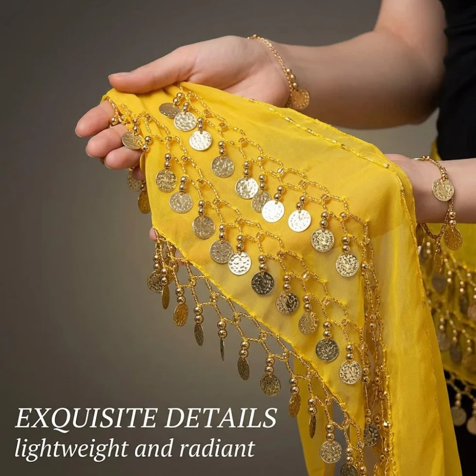 1 Pieza Cinturón Danza del Vientre Amarillo 72 Monedas de Oro Pañuelo de Cadera Gasa Traje de Danza Oriental Falda