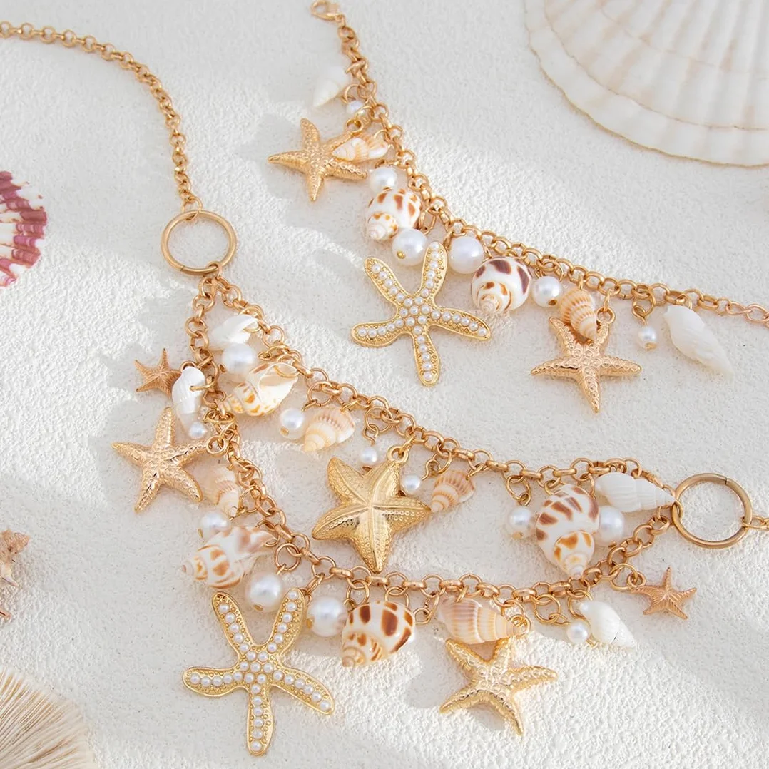 Juego de joyas de disfraz de sirena para mujer, accesorios de disfraz de sirena, estrella de mar, caracola, concha, collar, pulsera, perlas, estrella de mar, aretes de clip para el pel(A)