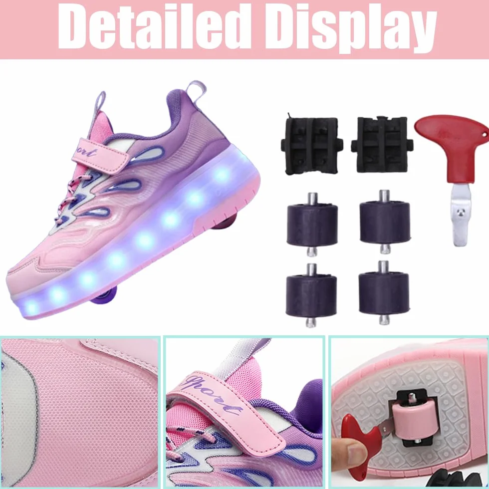 Hixingo Zapatillas con Ruedas, Transpirable Zapatillas Patines con Gancho y Bucle, Resistente al Desgaste Calzado de Skateboarding para Principiantes, Niños