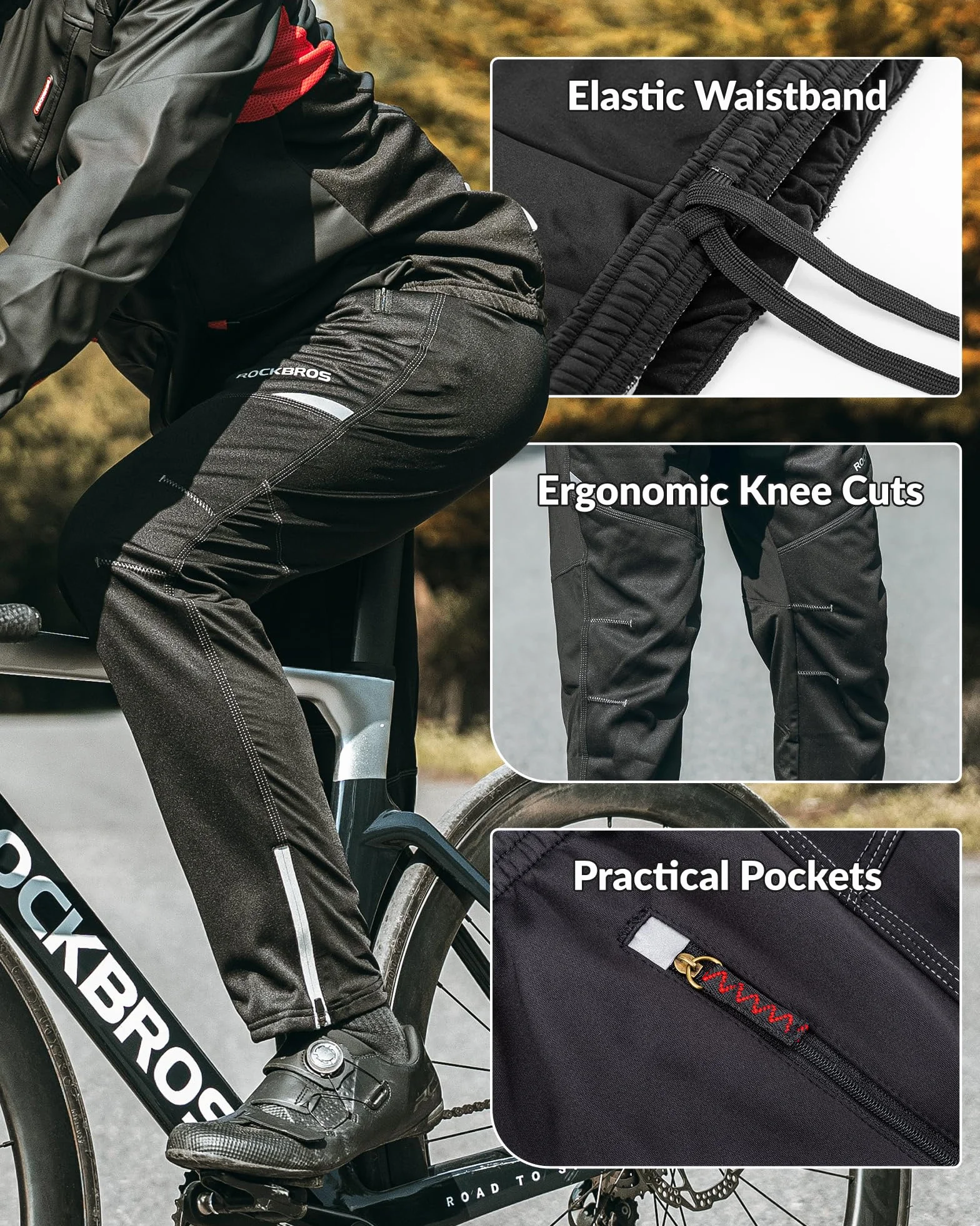 ROCKBROS Pantalones Ciclismo de Invierno para Hombre Mujer, Pantalón Largo Térmico a Prueba de Viento para Bicicleta Fitness Correr Deportes
