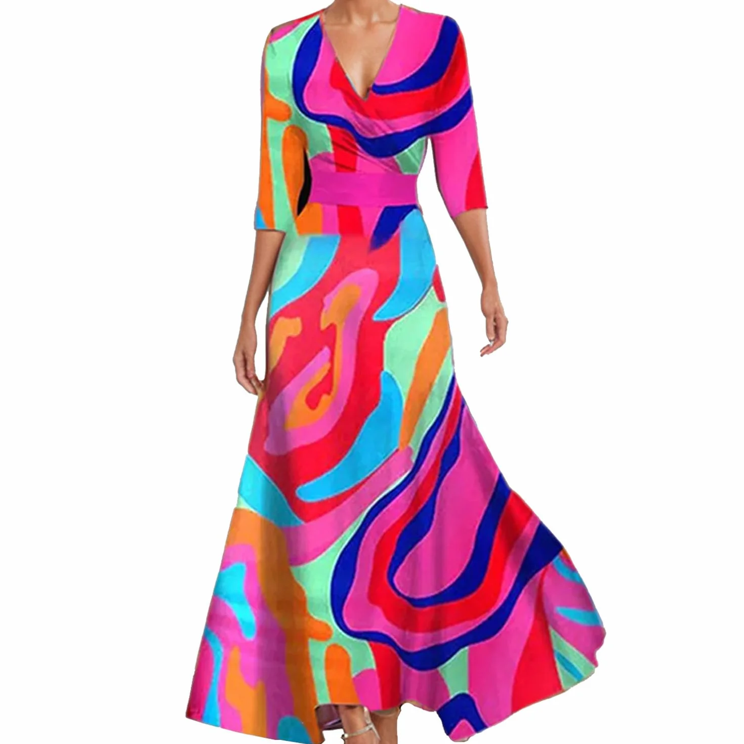 Vestido maxi floral primavera mujer Bolsillos cuello V cinturón playa boda
