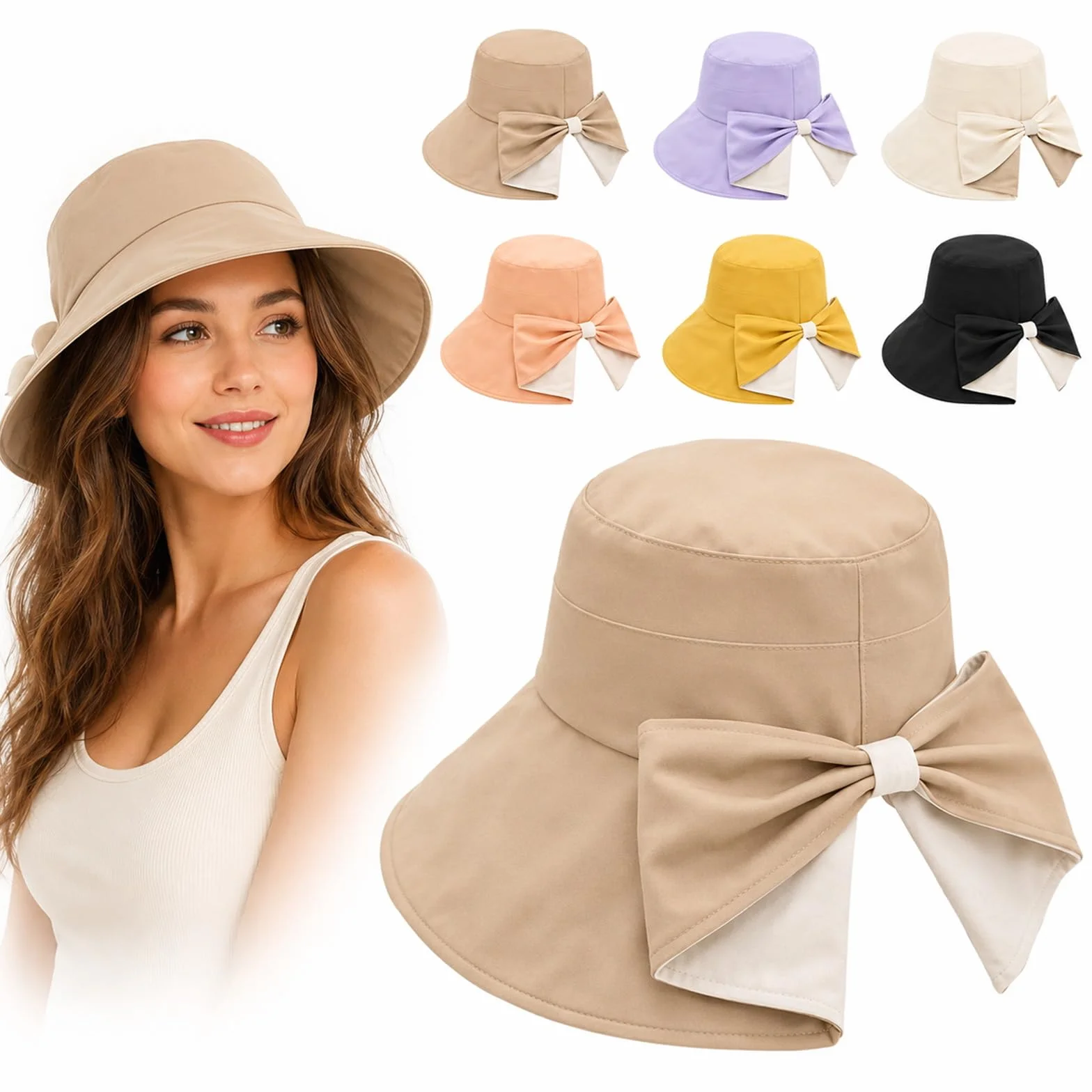 Genérico Women's Bowknot Wide Brim Sun Protective Hat, Sun Hat with Bow, Foldable Summer Hat for Women, Breathable Outdoor Vacation Hats