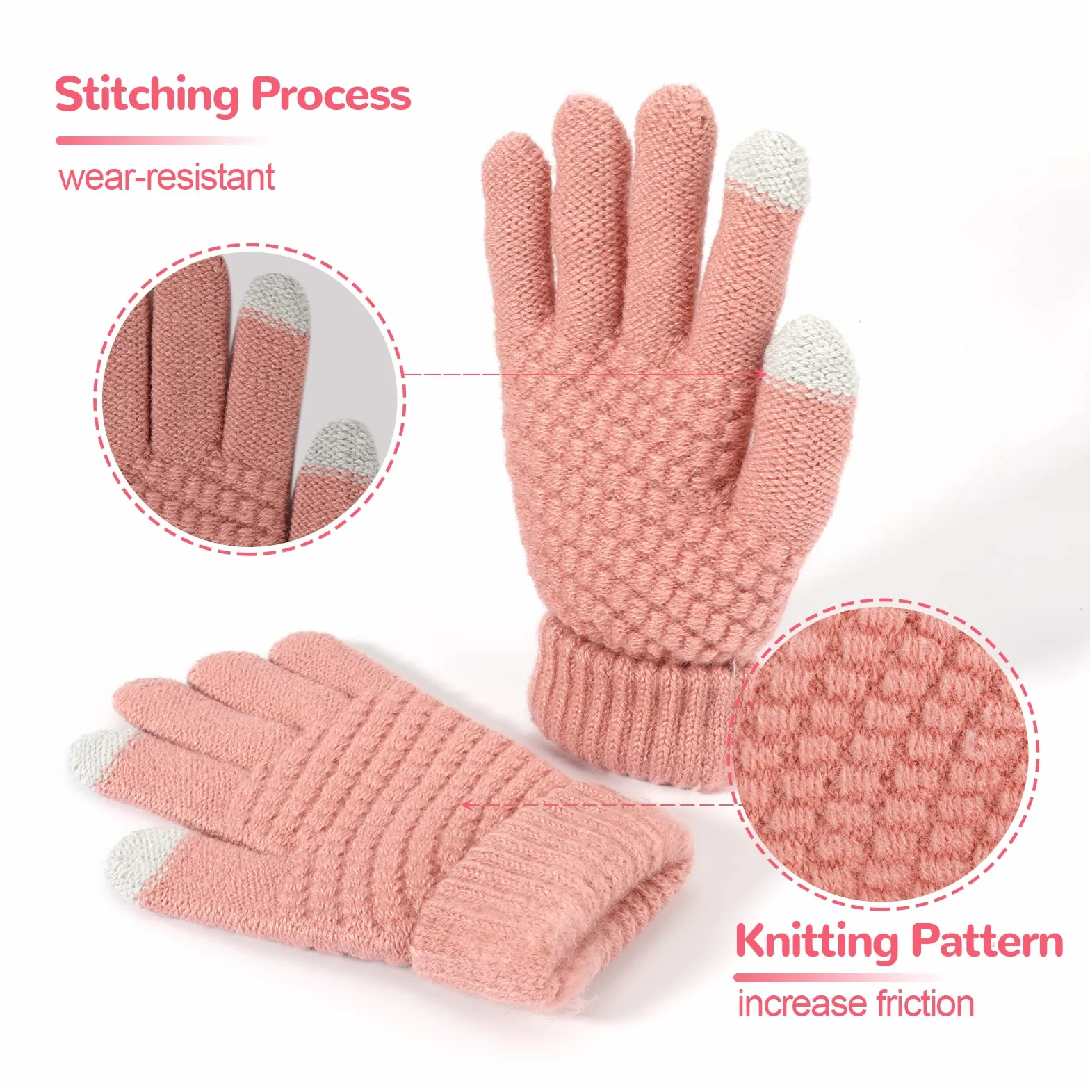 TAGVO Guantes de Punto para Niños Pequeños - 3 Pares de Invierno Con Dedos Completos para 5-15 Años - Elásticos Mitones