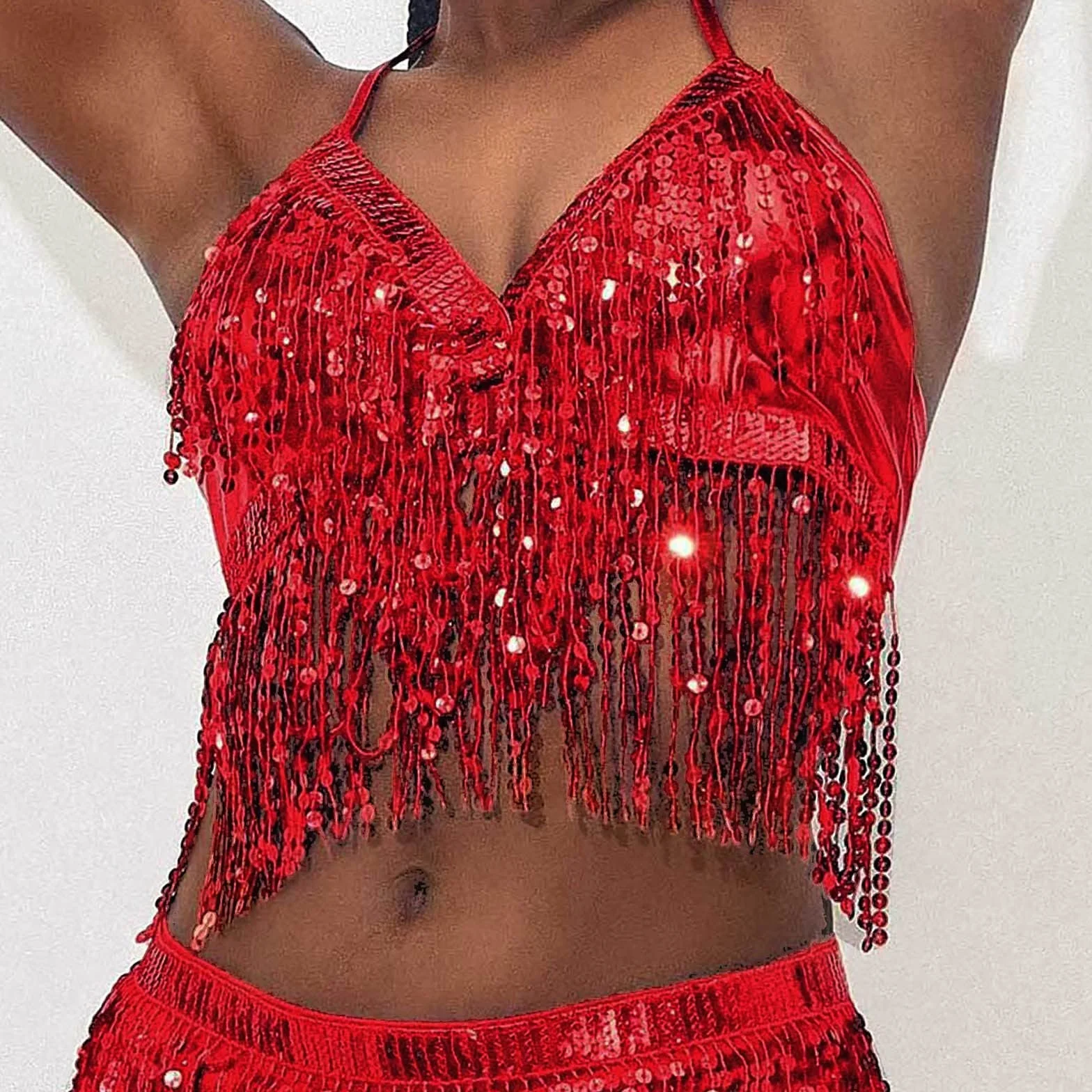 2026 Top de danza del vientre para mujer con borla de lentejuelas como cuello halter para ocasiones festivas