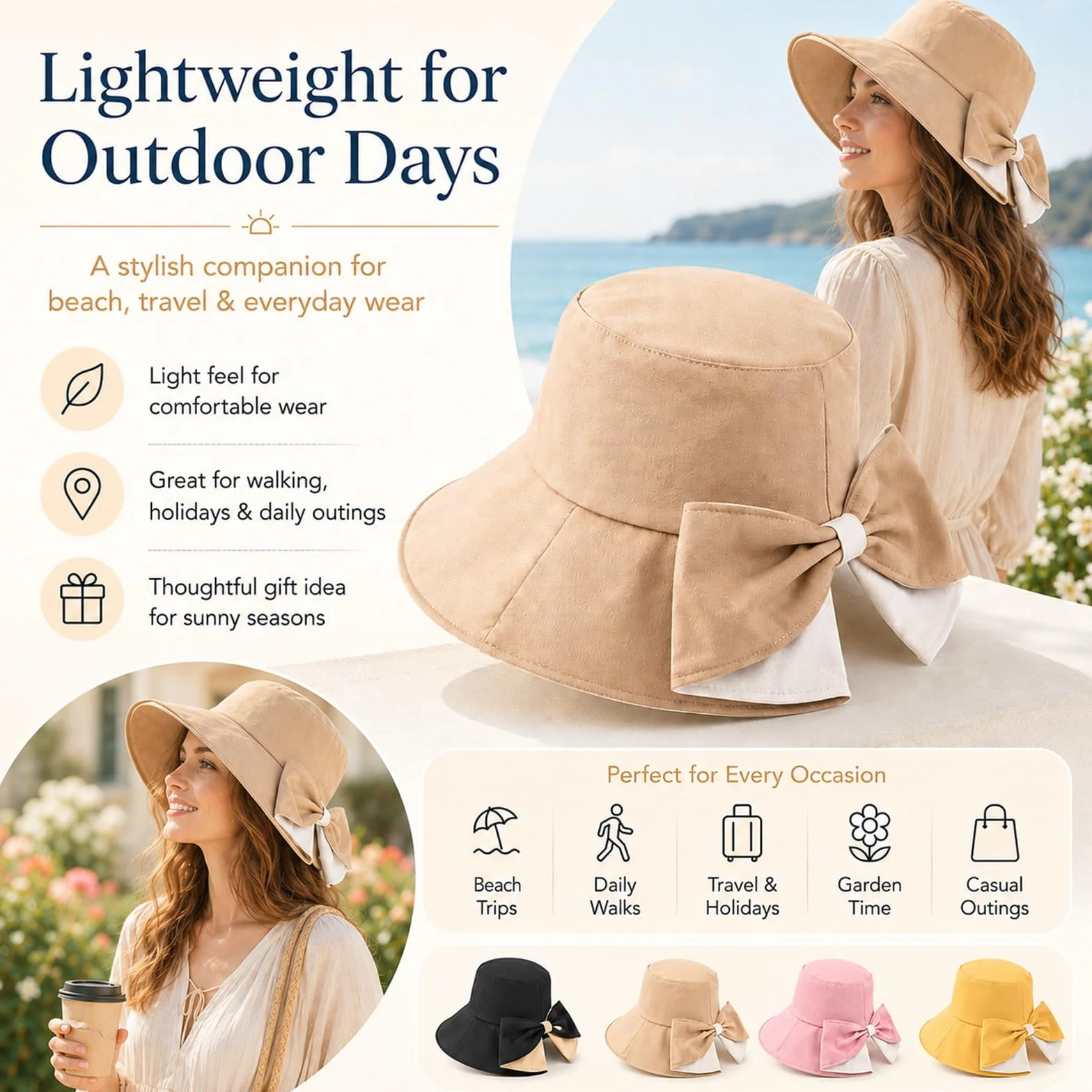 Genérico Women's Bowknot Wide Brim Sun Protective Hat, Sun Hat with Bow, Foldable Summer Hat for Women, Breathable Outdoor Vacation Hats