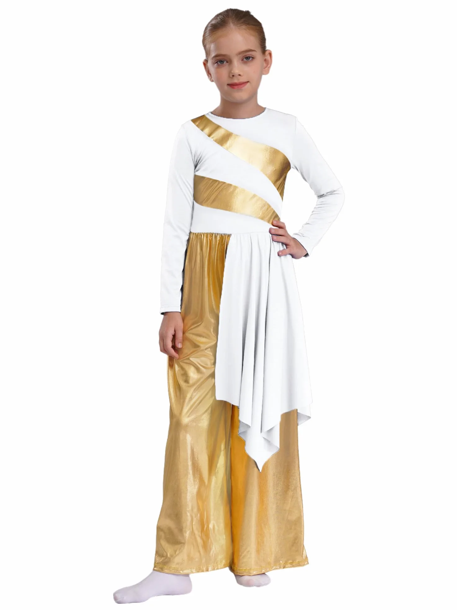 Alvivi Traje de Danza Cristiana de Litúrgica para Niñas Mono Pantalón de Baile con Brillantes Metálicos Traje de Danza Contemporánea Coral Actuación