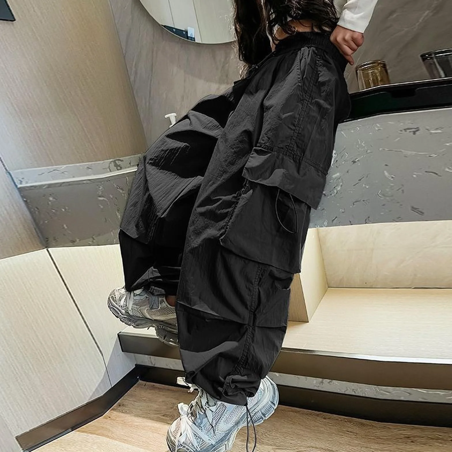 Pantalones cargo plisados para niñas, cintura elástica, rectos, holgados, de pierna ancha, pantalones deportivos para adolescentes