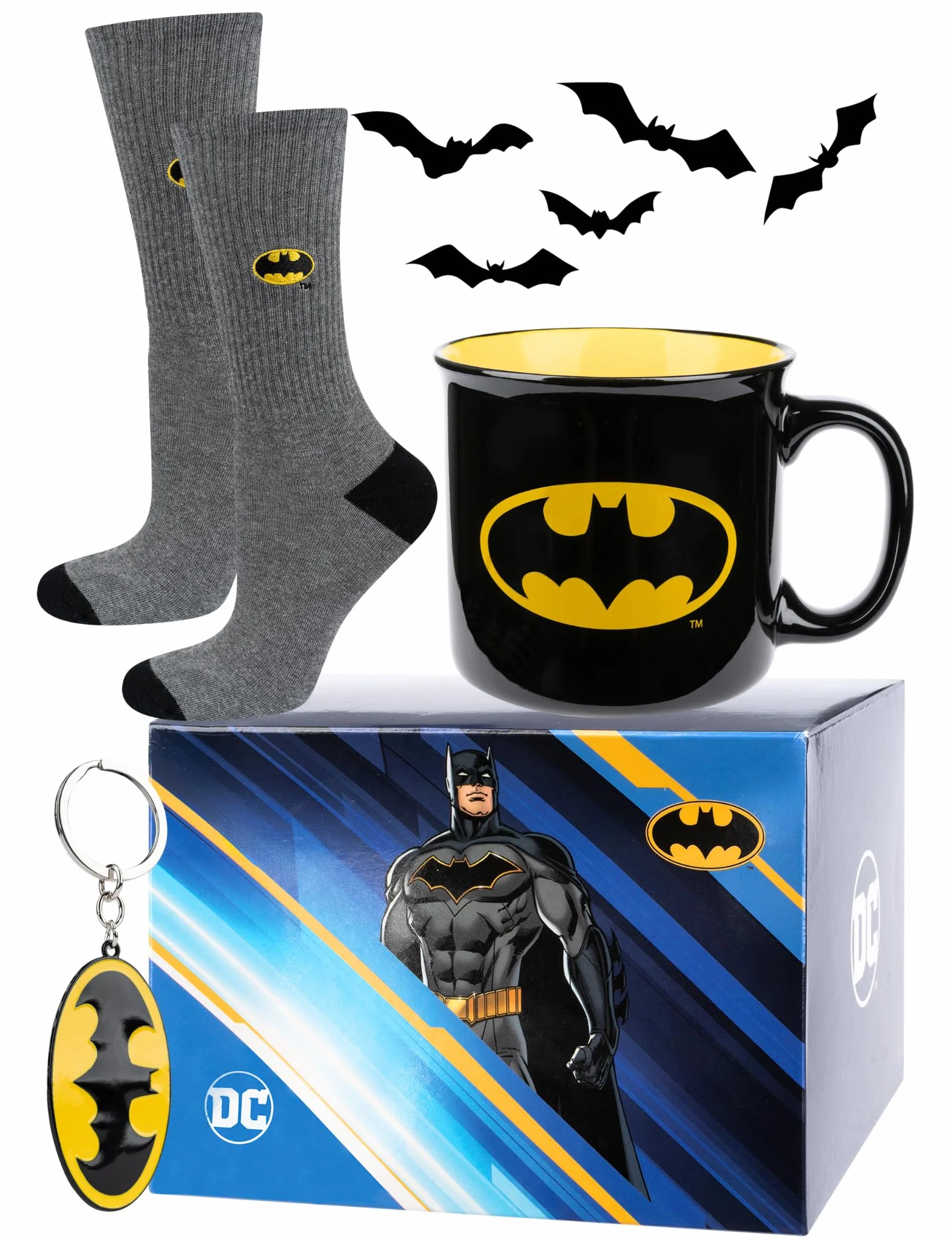 soxo DC Comics Batman Superman Calcetines Hombre Divertidos + Taza + Llavero Regalos Originales 40-45