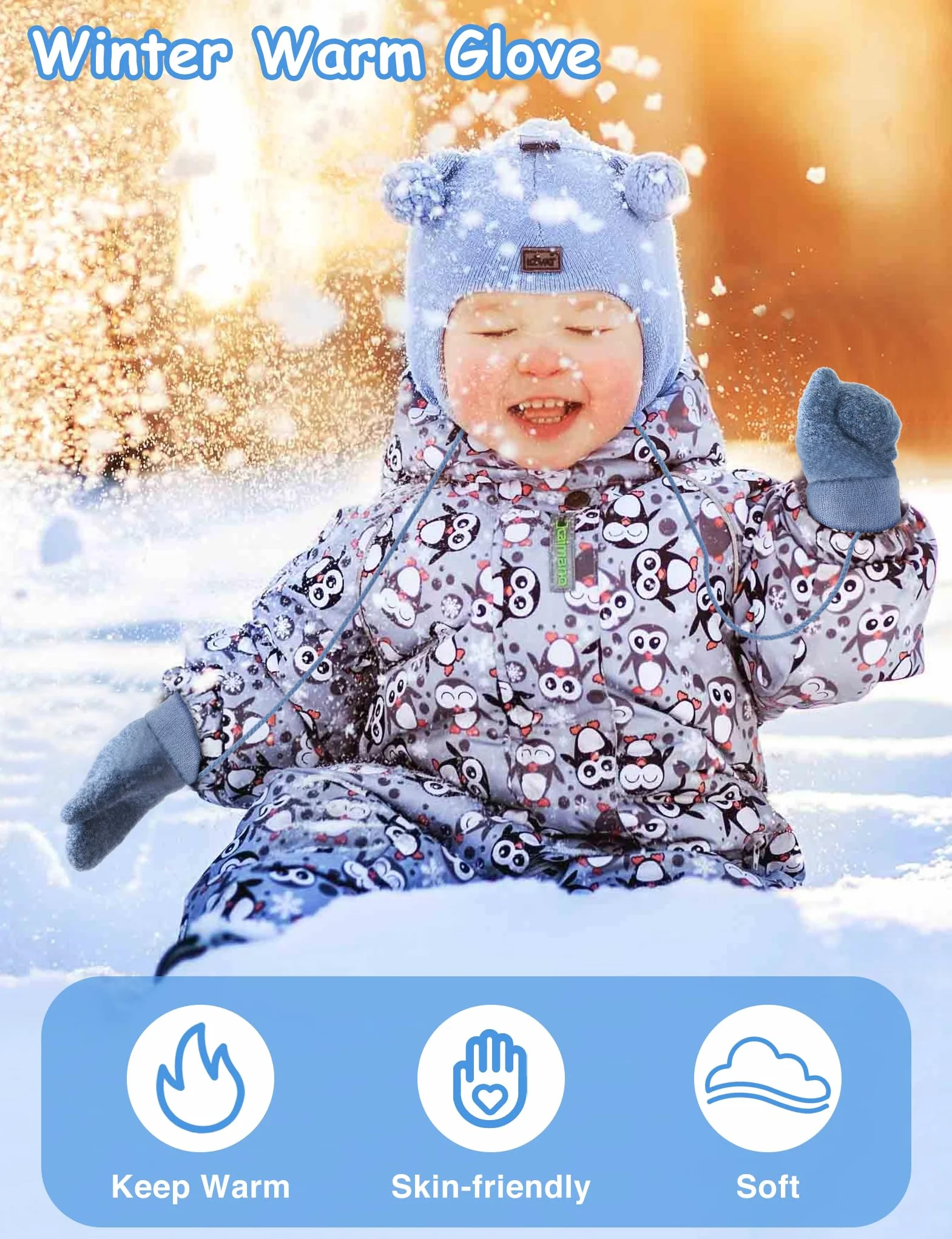 Becellen Guantes Invierno Niños Manoplas Guantes Termicos de Punto con Forro Polar Cuerda Cuello para Bebé Niños Niñas 0-3 Años