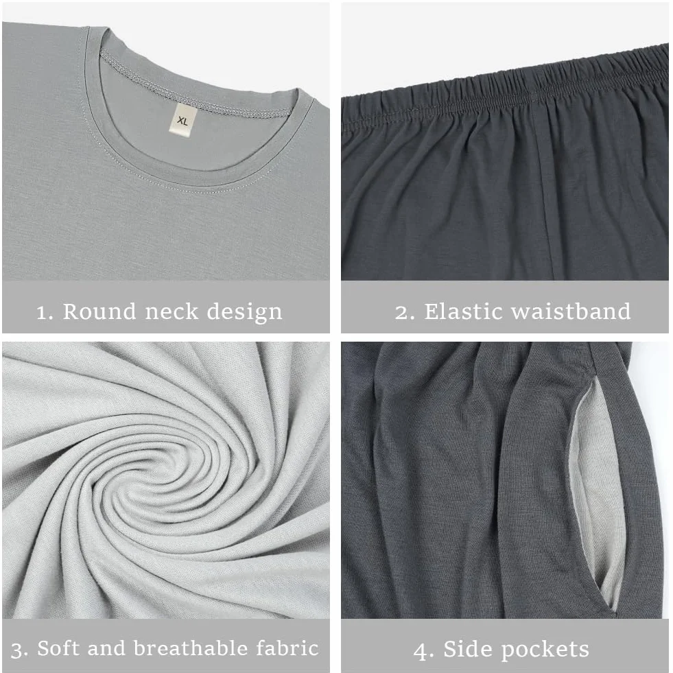 DiULi Pijama Hombre Verano, Conjunto de Pijama con Bolsillos, Suave y Cómodo, Hombre a Cuadros Ropa de Dormir, Cuello Redondo, Conjunto de Piyama Verano Incluir Pantalones Cortos a Cuadros