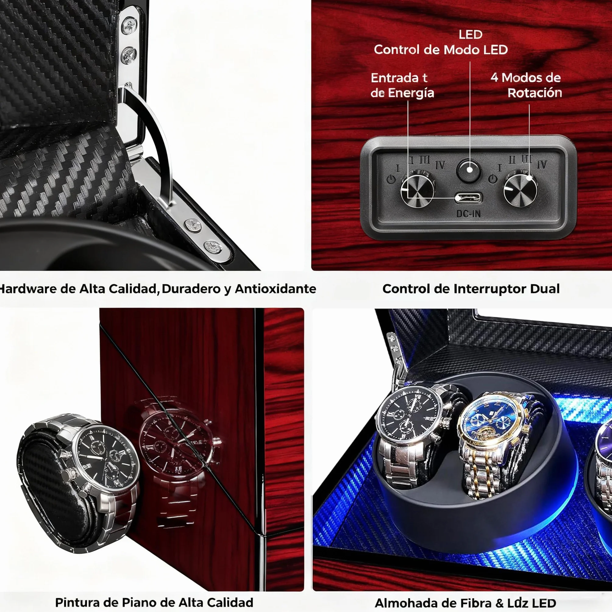 ANWBROAD Caja giratoria automática para relojes con iluminación LED, rotación automática para relojes automáticos, 4 rotadores con motor supersilencioso y 4 modos de rotación, JWW011Y