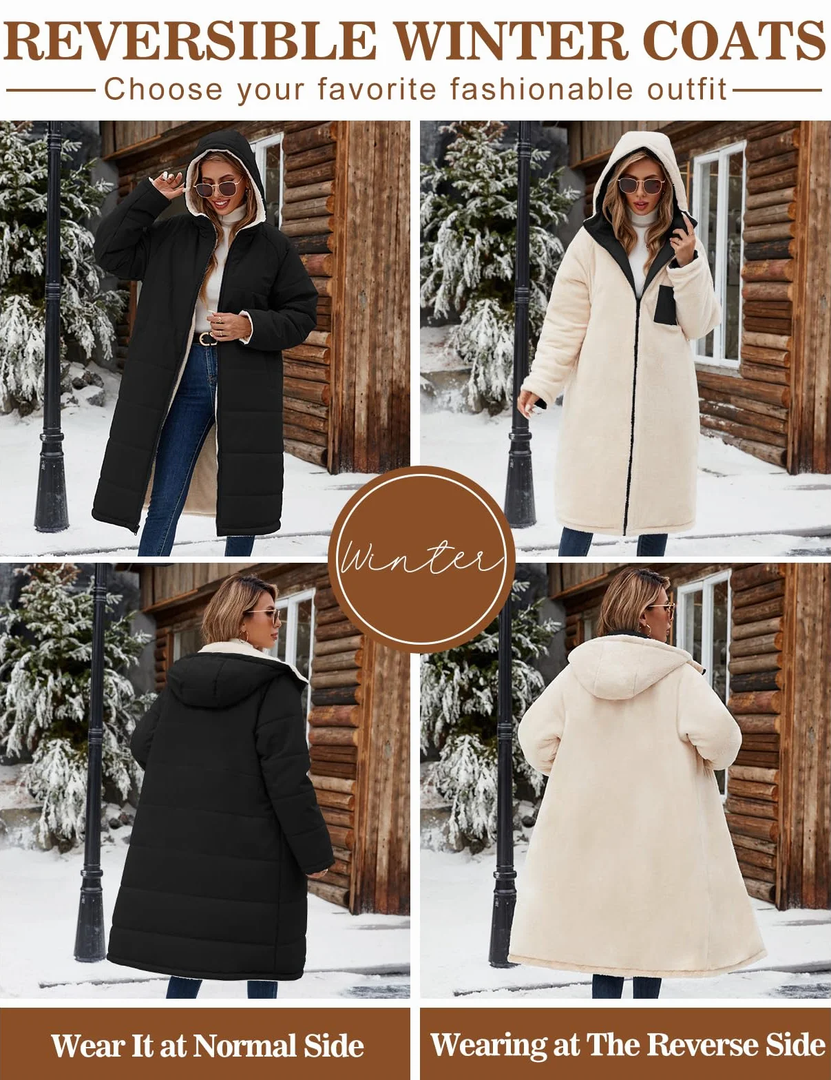 Tuopuda Chaqueta con Capucha Gruesa de Abrigo Largo de Invierno para Mujer Reversible Abrigo de Forro Polar con Cremallera y Bolsillos