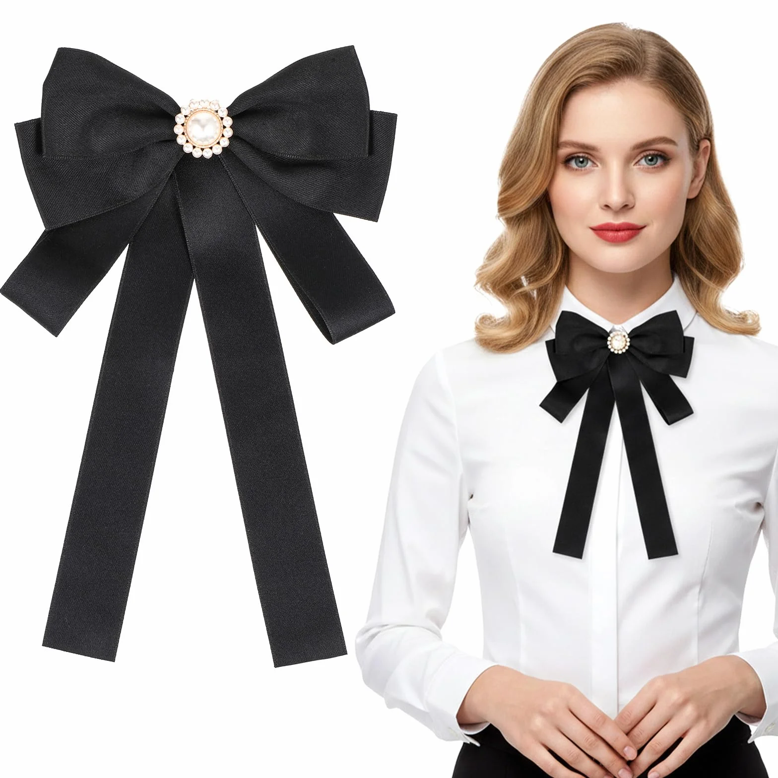Pajarita preatada negra para mujer, pajarita con perla, elegante broche de lazo, corbata para mujer, para uniforme escolar, camiseta de fiesta, accesorios de fiesta