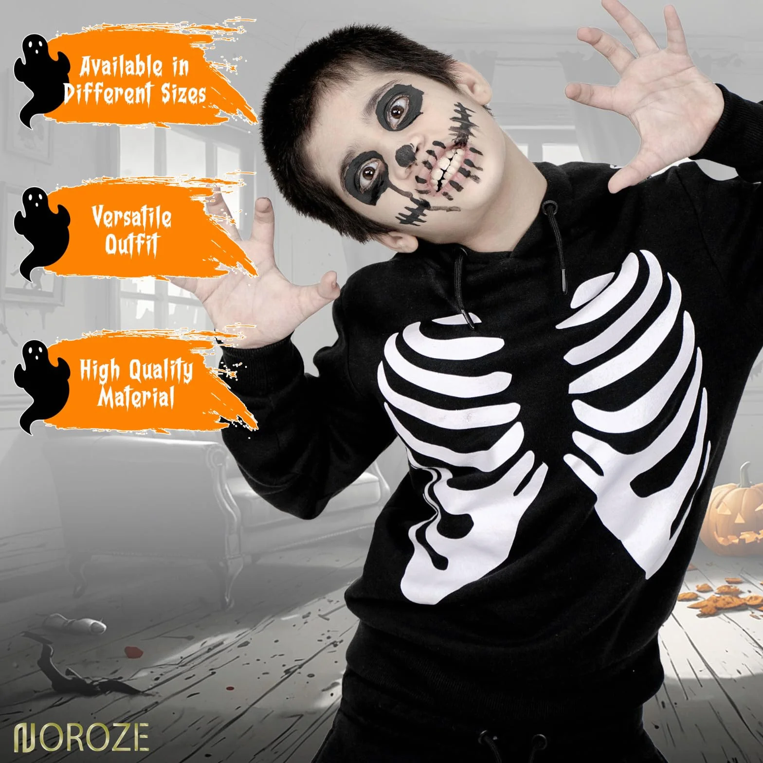 NOROZE Conjunto de chándal unisex de esqueleto de Halloween para niñas, 2 piezas, sudadera con capucha y pantalones deportivos, tallas del Reino Unido de 5 a 13 años
