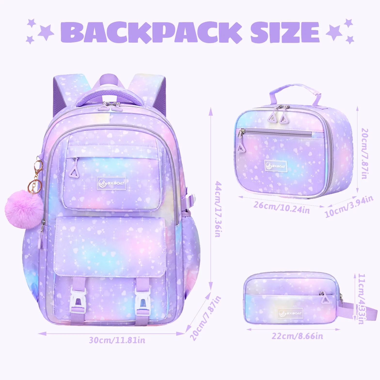 Amythe Mochila Escolar Niña Primaria 3 Piezas, Mochila para Niñas y Bolsa de Almuerzo 7 a 12 Años, Mochilas Escolares Chica Impermeable e Ligera, Morado