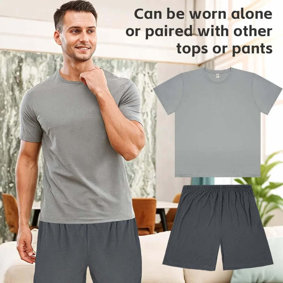 DiULi Pijama Hombre Verano, Conjunto de Pijama con Bolsillos, Suave y Cómodo, Hombre a Cuadros Ropa de Dormir, Cuello Redondo, Conjunto de Piyama Verano Incluir Pantalones Cortos a Cuadros
