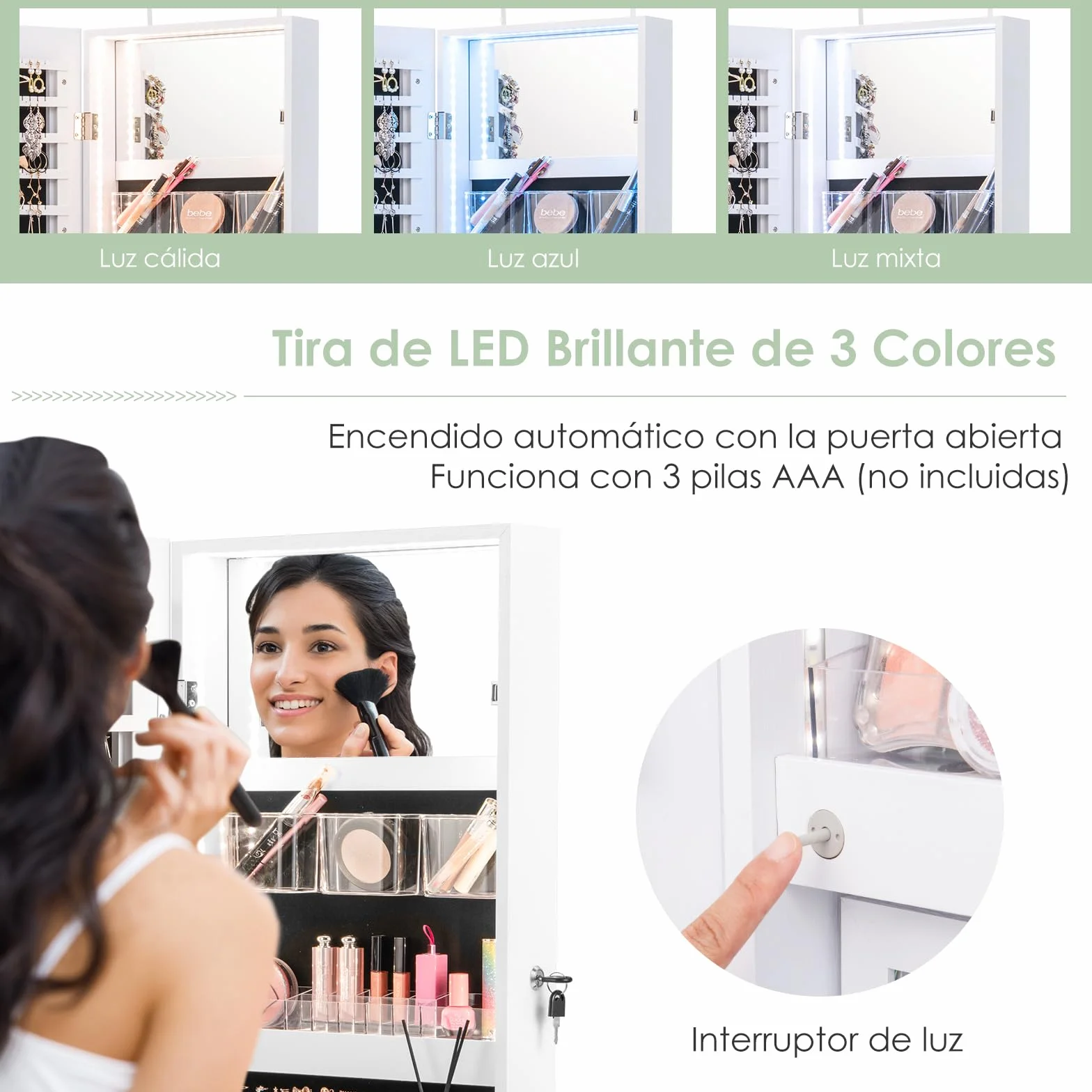COSTWAY Armario Joyero con Espejo de Puerta para Joyas con Cerradura y Luces de 3 Colores - Espejo Interior con Estante Plegable y Cajas de Almacenamiento de Plástico (Blanco)