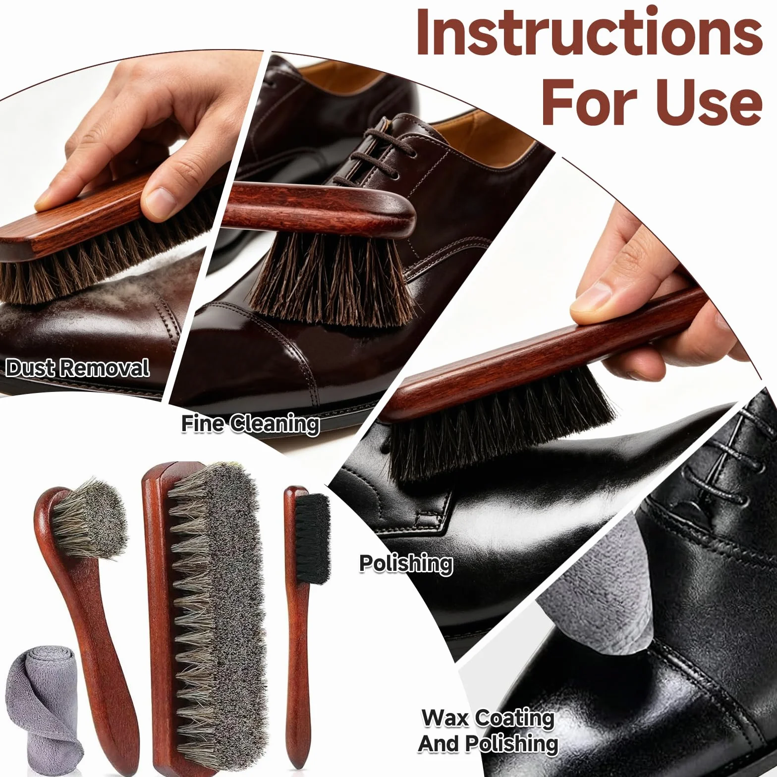 Juego De 4 Cepillos para Zapatos, Kit De Limpieza De Zapatos Cerdas De Crin De Caballo, Cepillos De Cerdas Naturales para Pulir Zapatos, Limpiar Cuero y Muebles