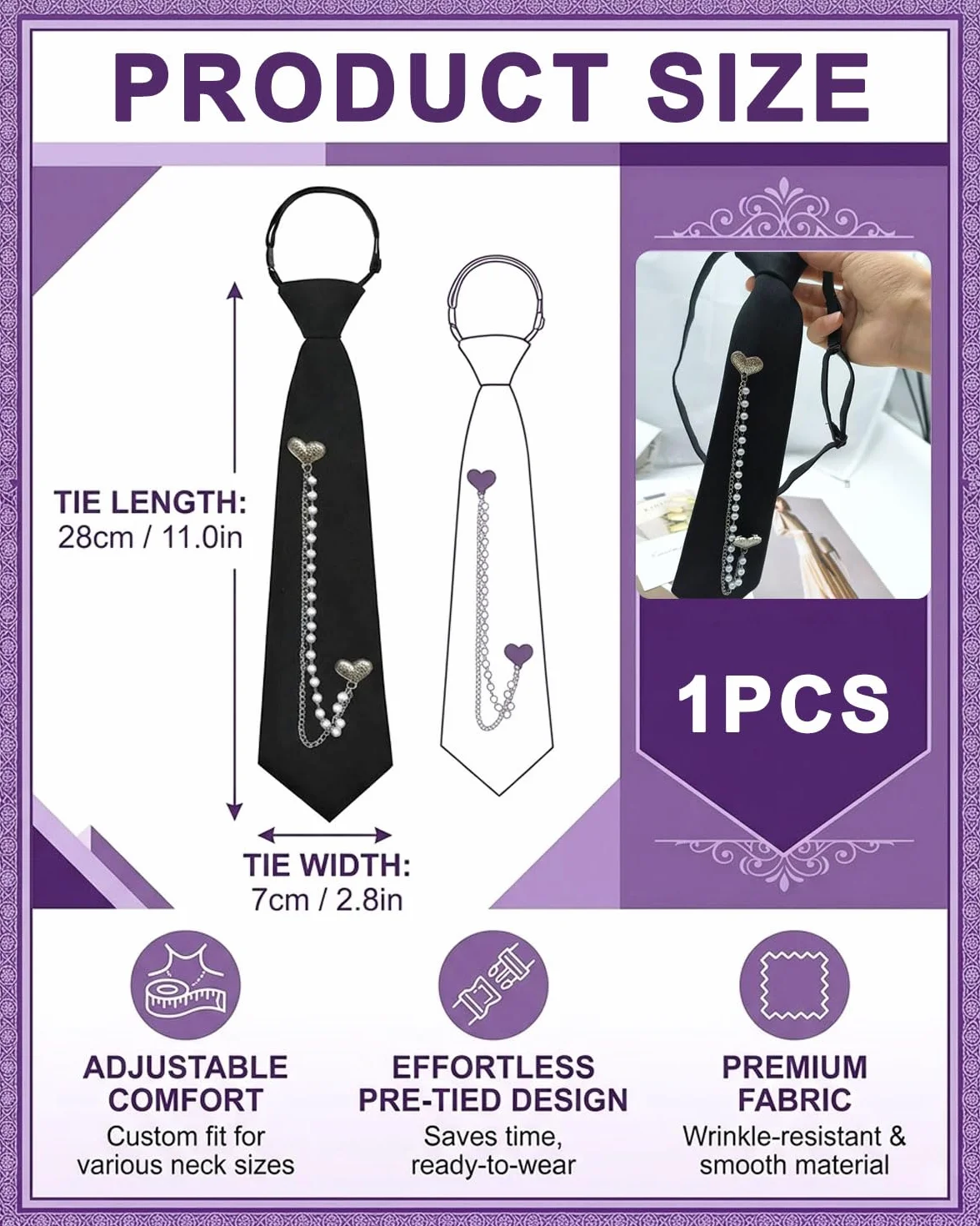 1 pieza Corbatas para mujer, largas de uniforme JK, corbatas estrechas, ajustables para niñas, para graduación, negocios(negro)